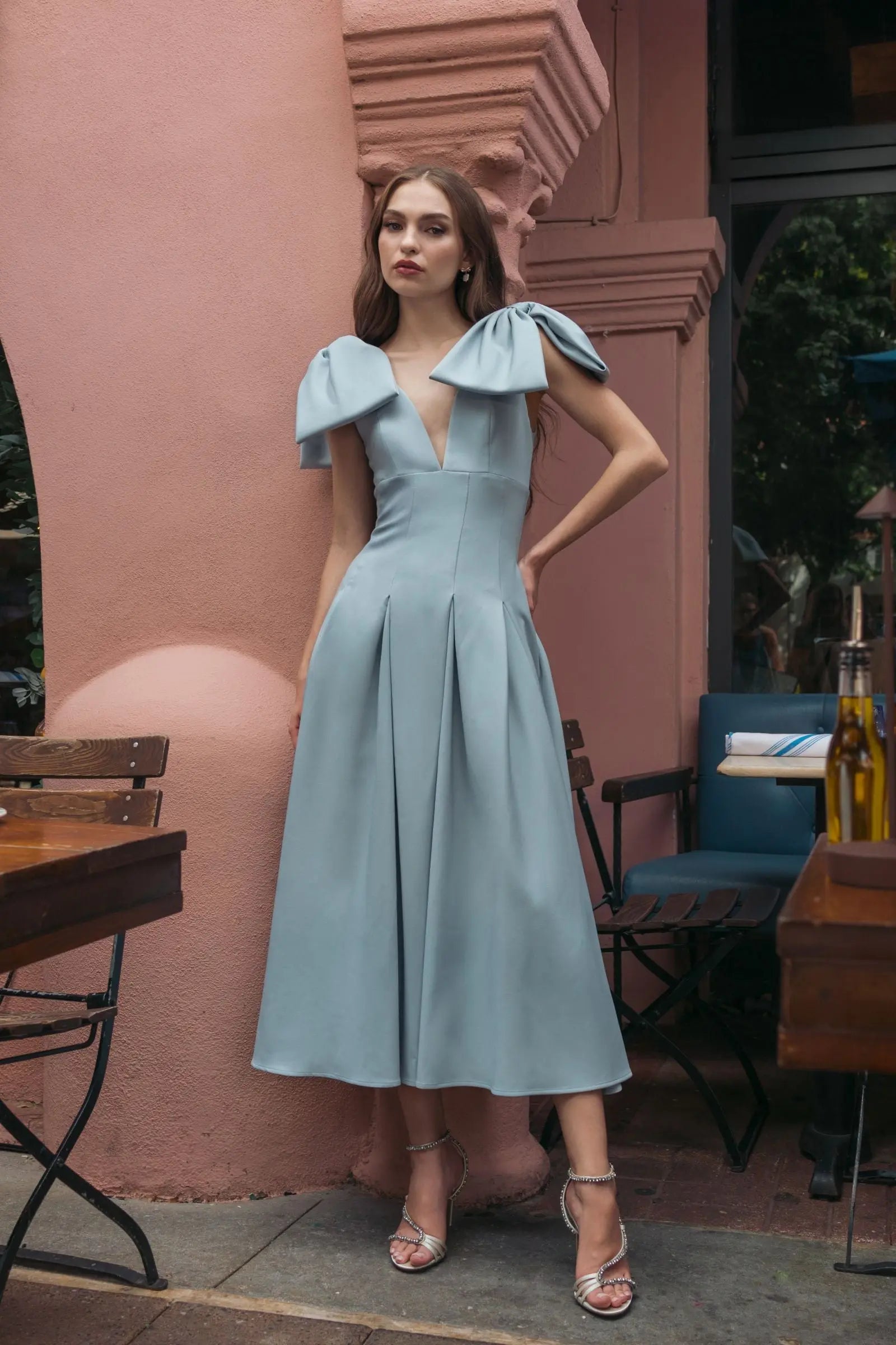 Blue Crepe A Line Midi Dress With Bow Straps-Myartka