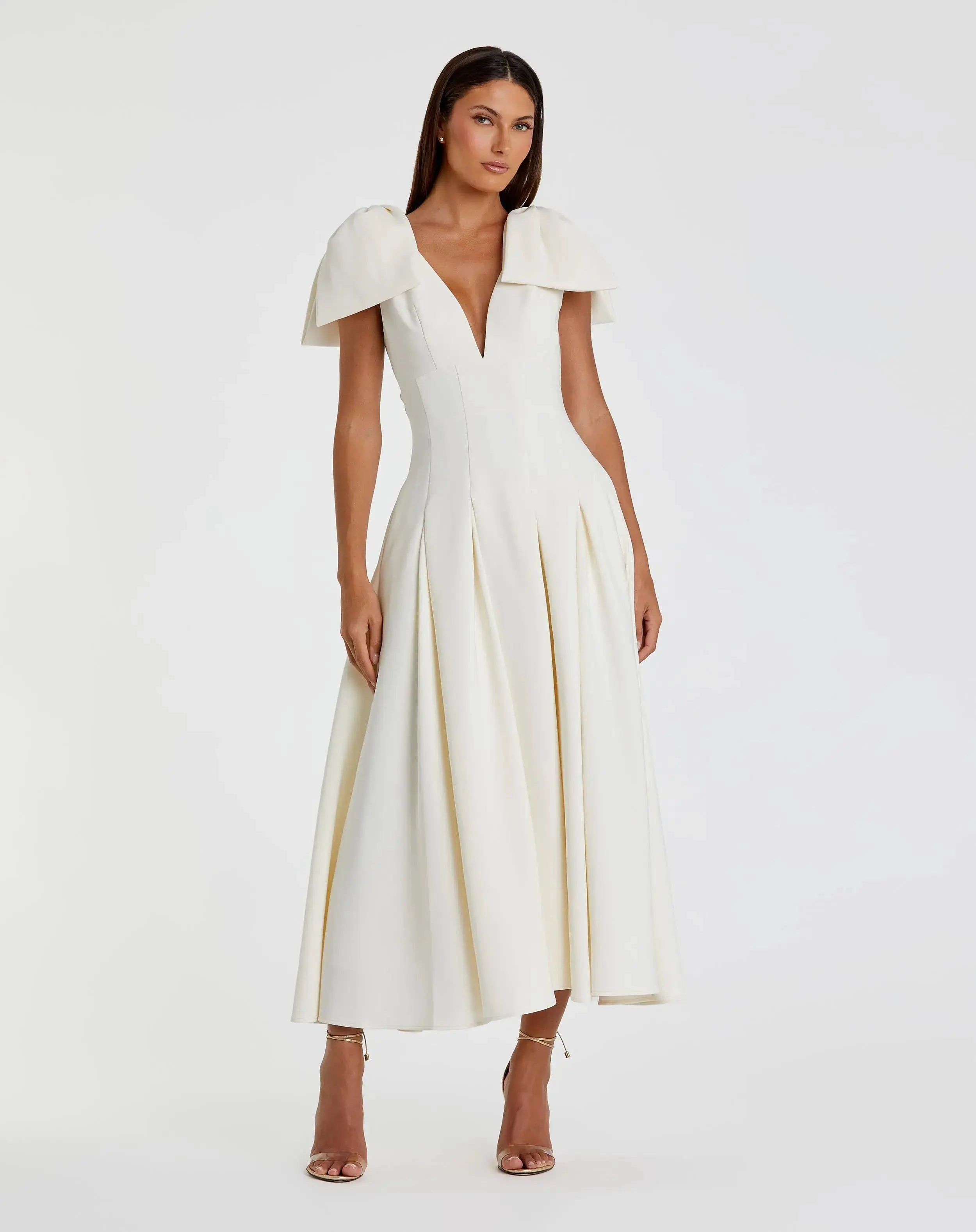 Ivory Crepe A Line Midi Dress With Bow Straps-Myartka
