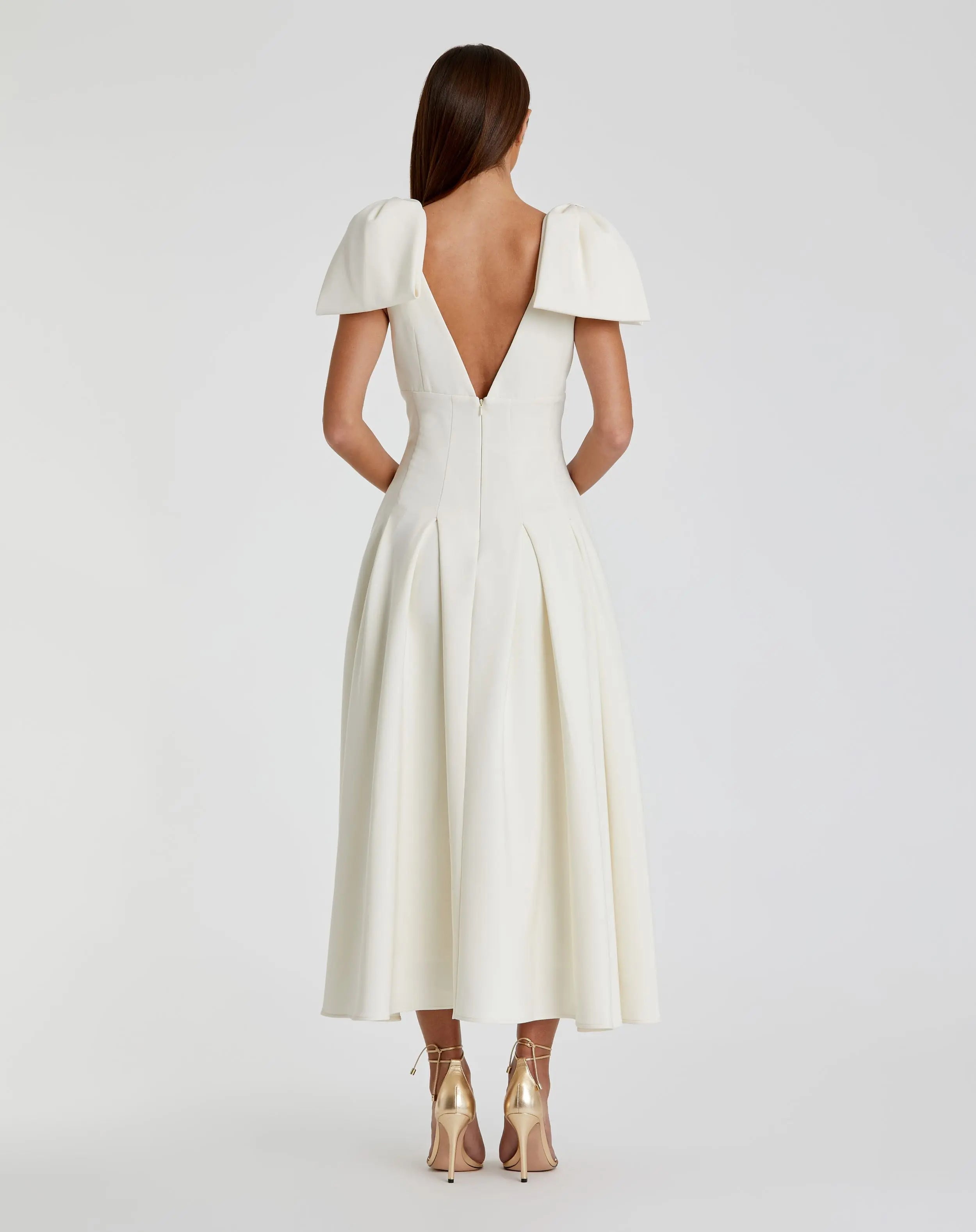 Ivory Crepe A Line Midi Dress With Bow Straps-Myartka