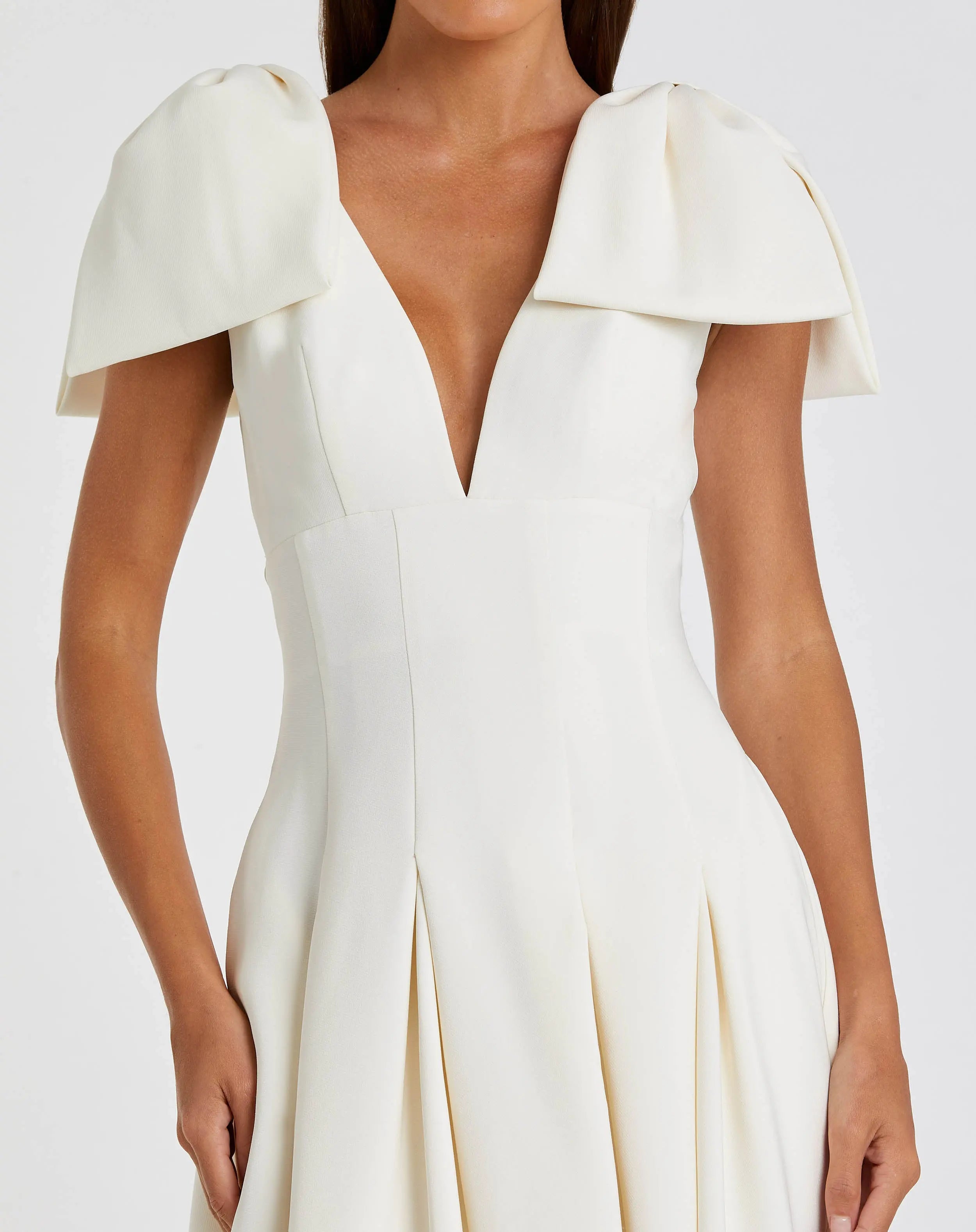 Ivory Crepe A Line Midi Dress With Bow Straps-Myartka