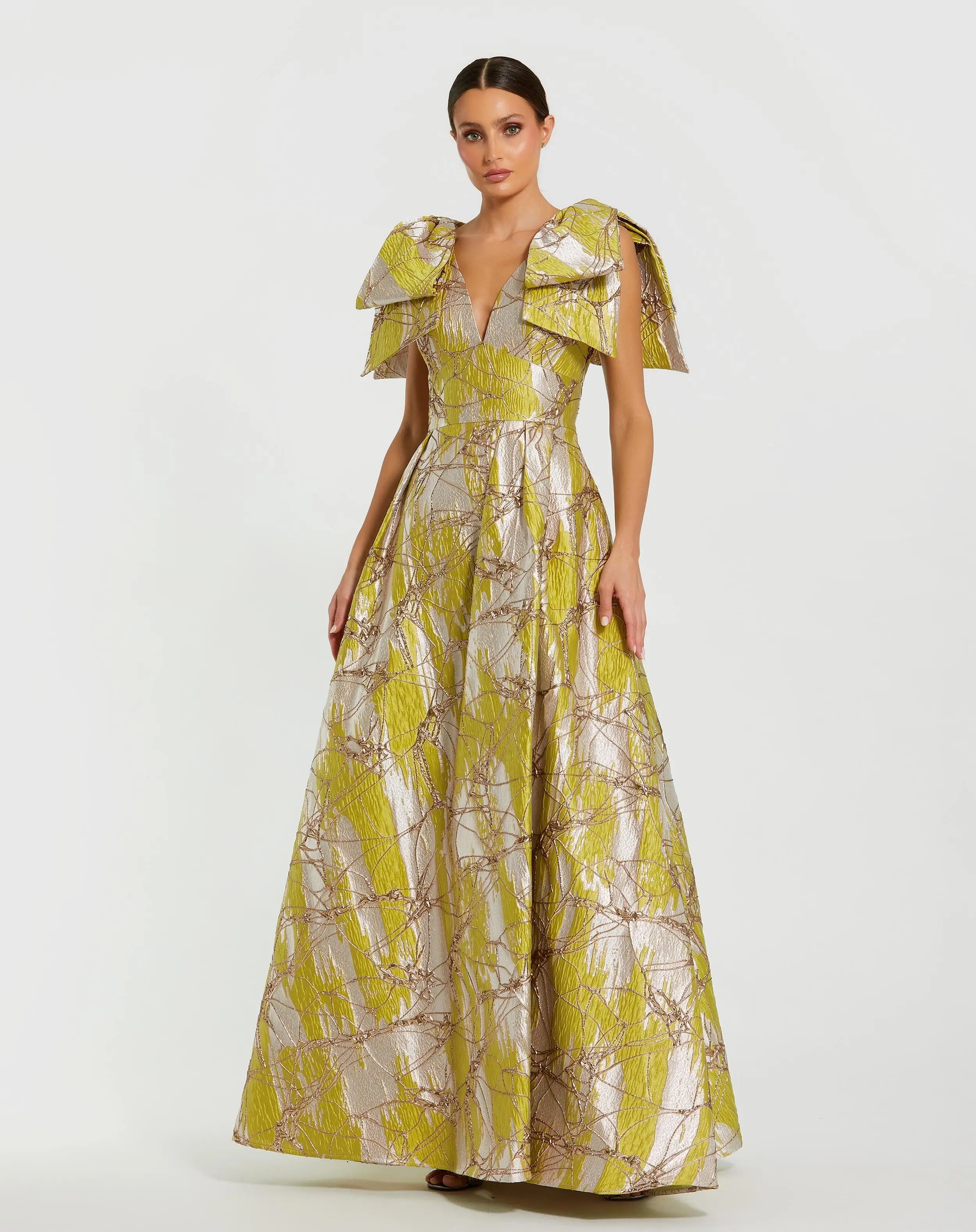 Green Layered Shoulder Bow Metallic A-Line Gown-Myartka