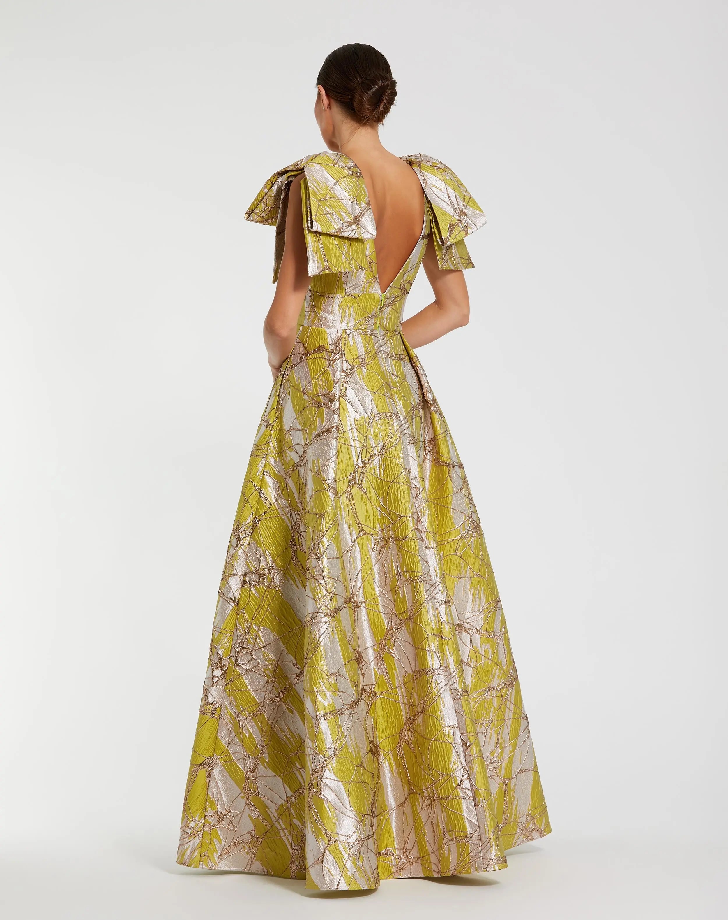 Green Layered Shoulder Bow Metallic A-Line Gown-Myartka