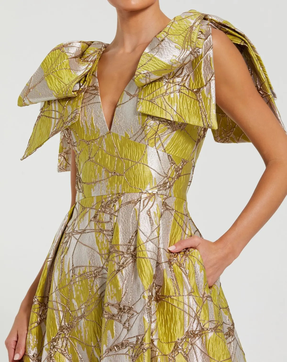 Green Layered Shoulder Bow Metallic A-Line Gown-Myartka