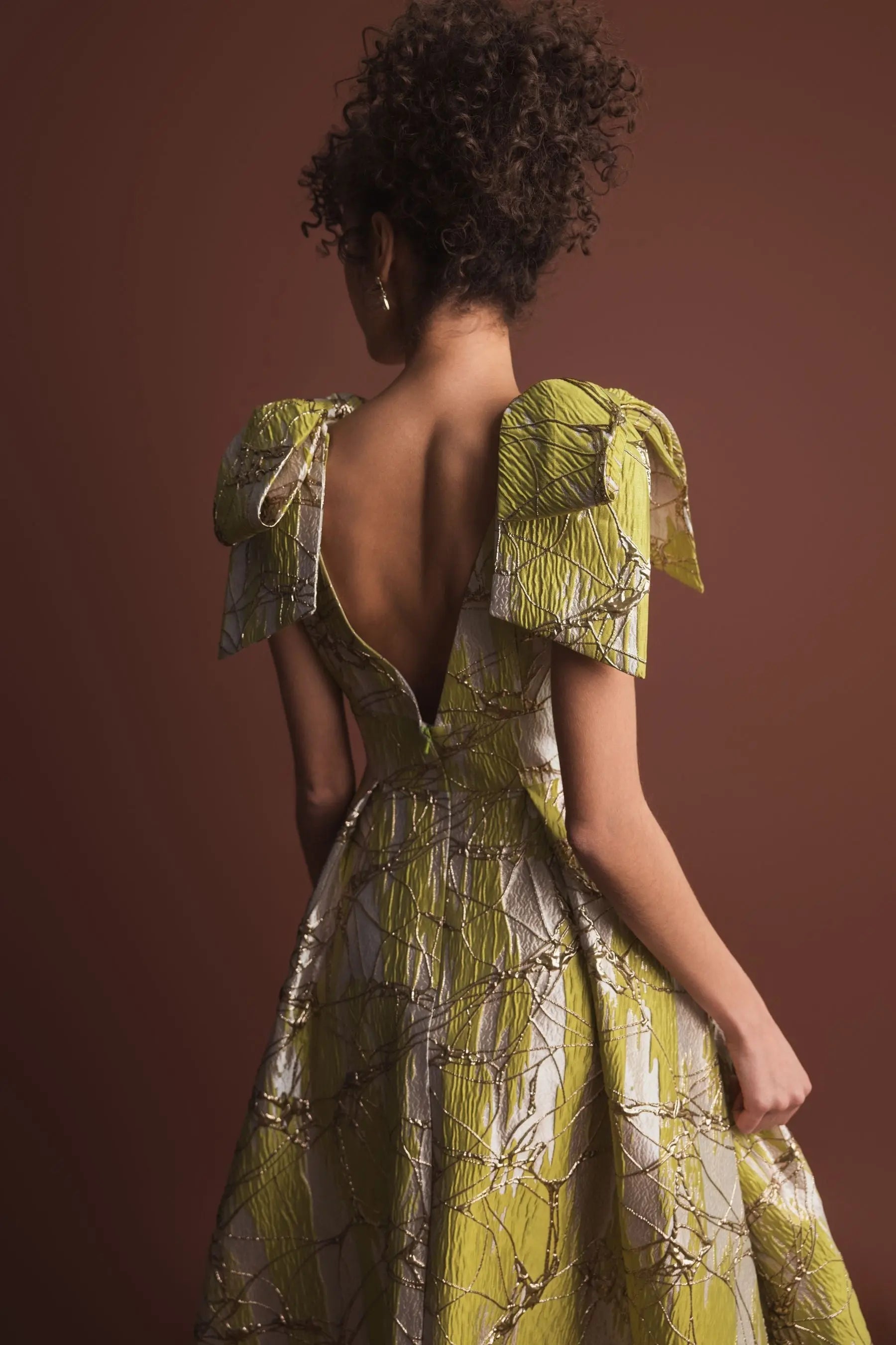 Green Layered Shoulder Bow Metallic A-Line Gown-Myartka