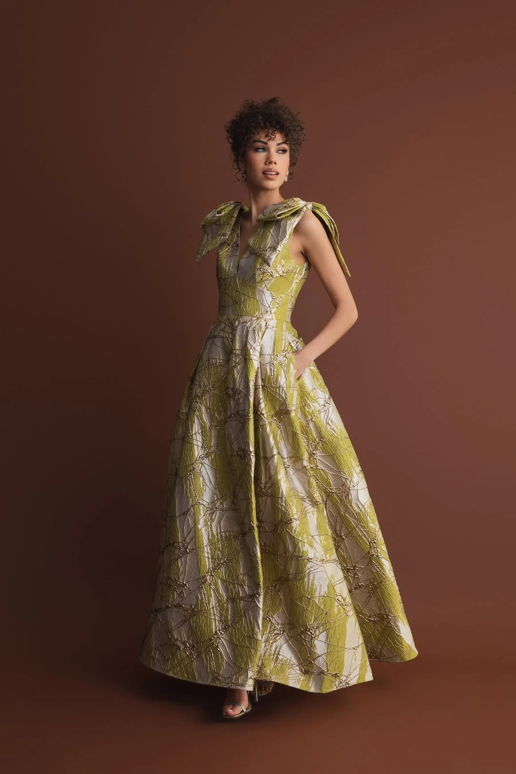 Green Layered Shoulder Bow Metallic A-Line Gown-Myartka