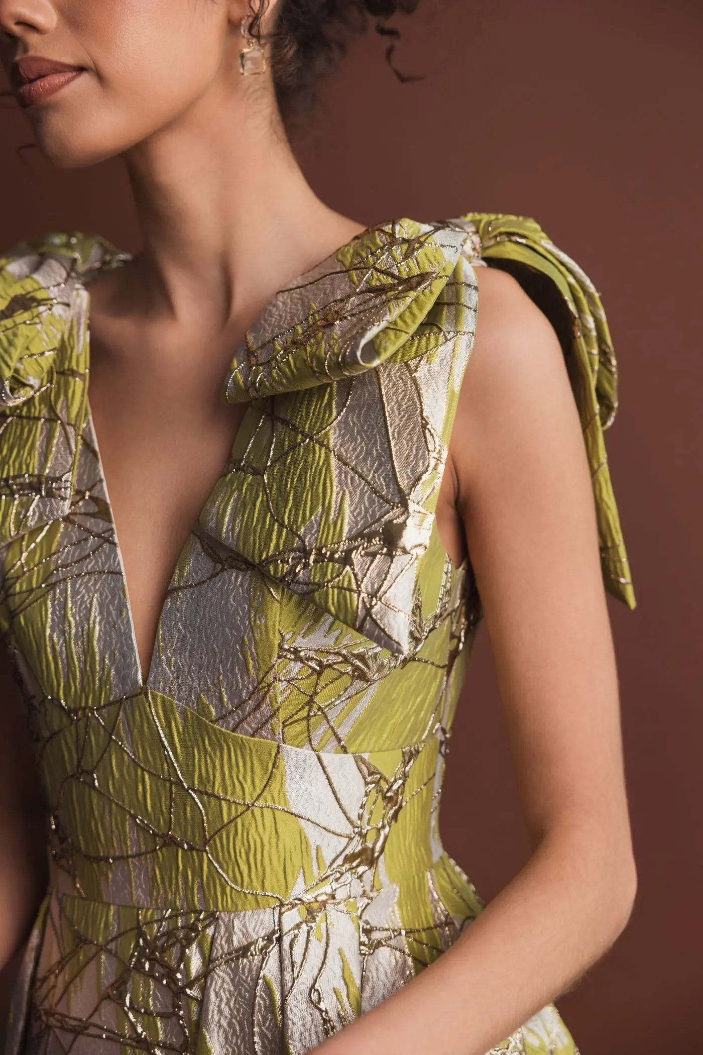 Green Layered Shoulder Bow Metallic A-Line Gown-Myartka