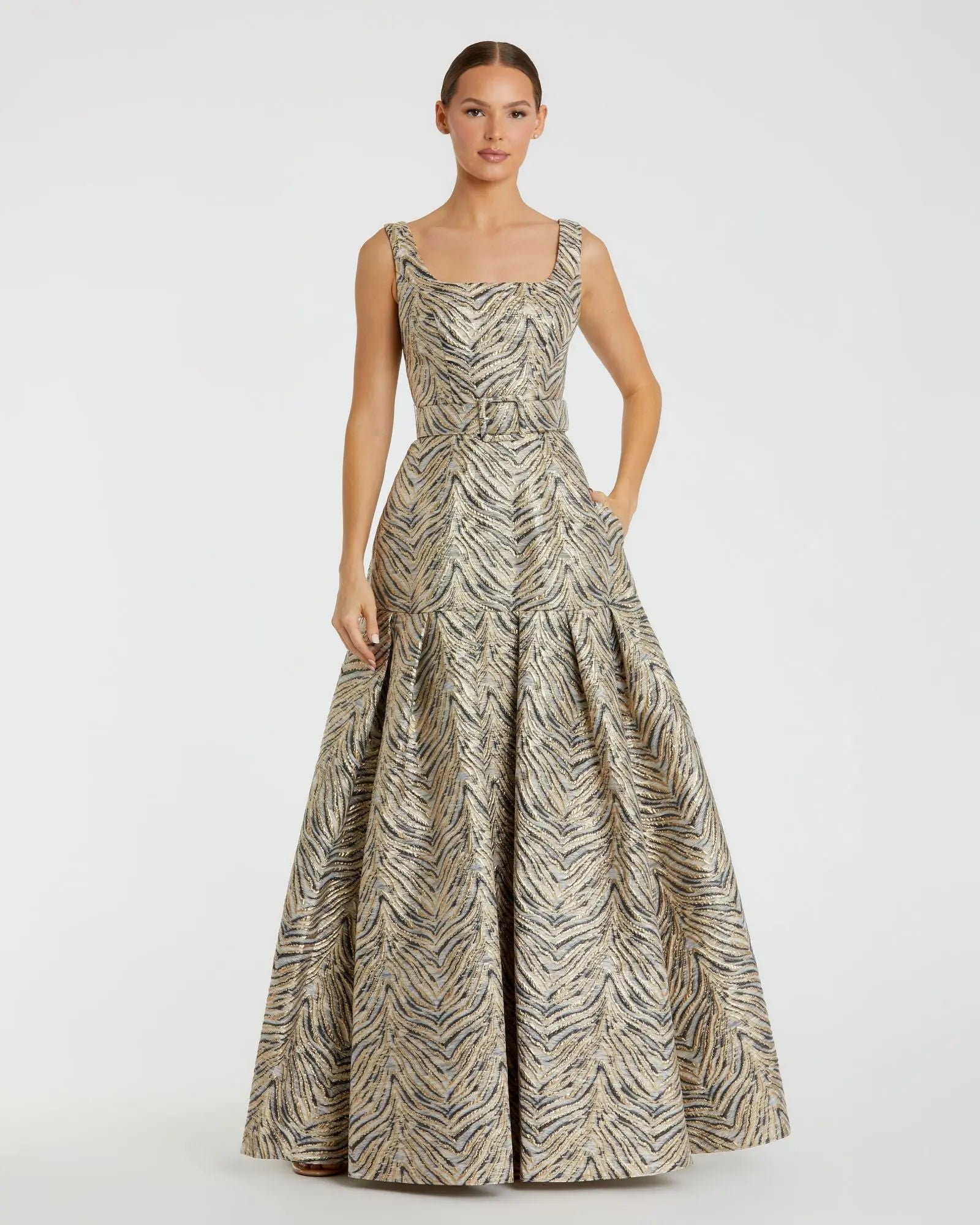 Gold Metallic Jacquard Gown with Square Neckline and Box Pleats-Myartka