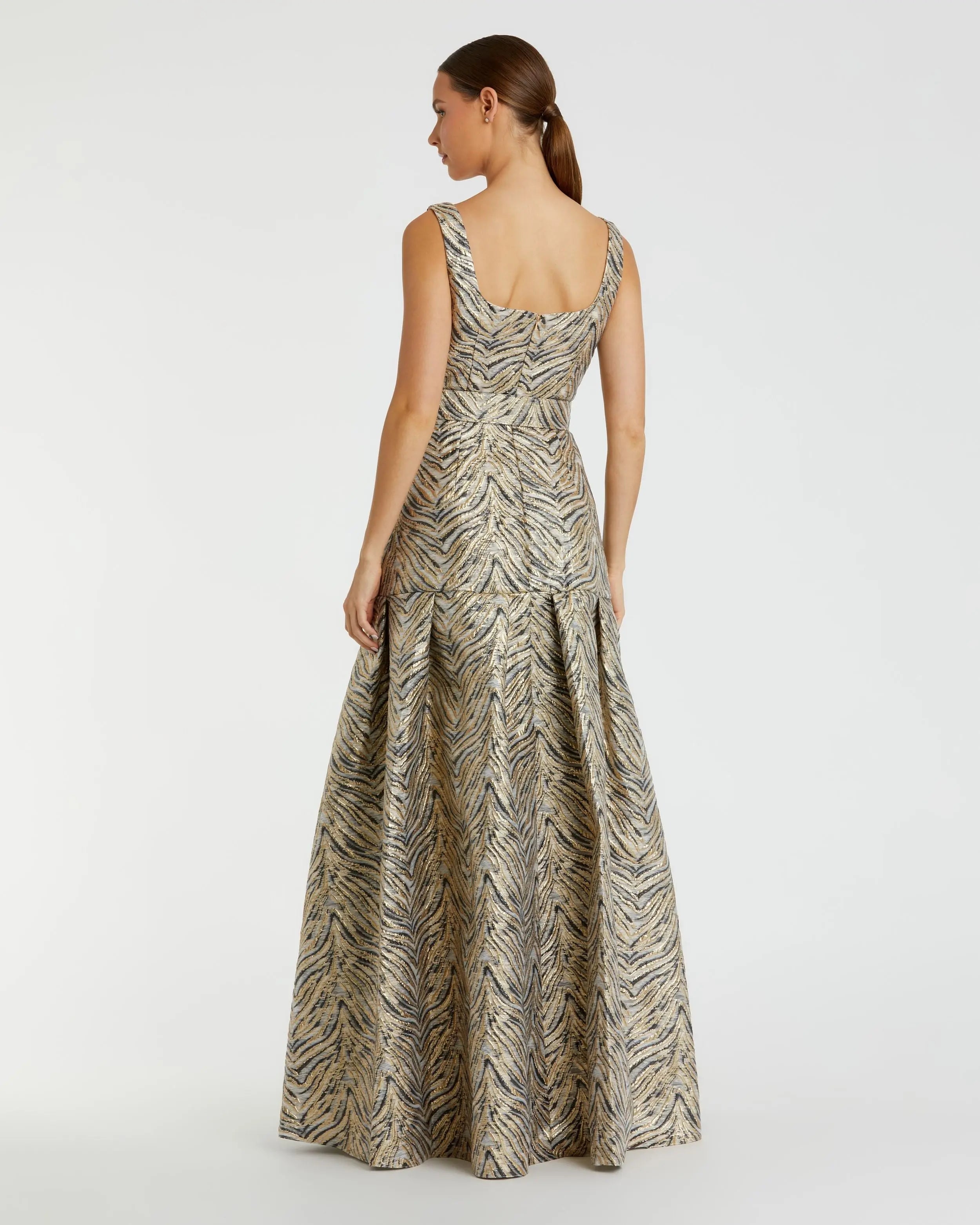 Gold Metallic Jacquard Gown with Square Neckline and Box Pleats-Myartka