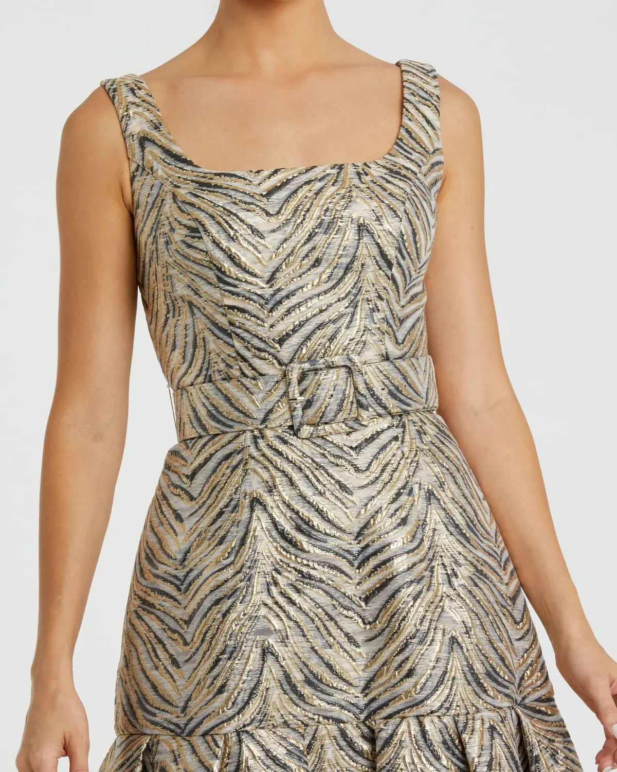 Gold Metallic Jacquard Gown with Square Neckline and Box Pleats-Myartka