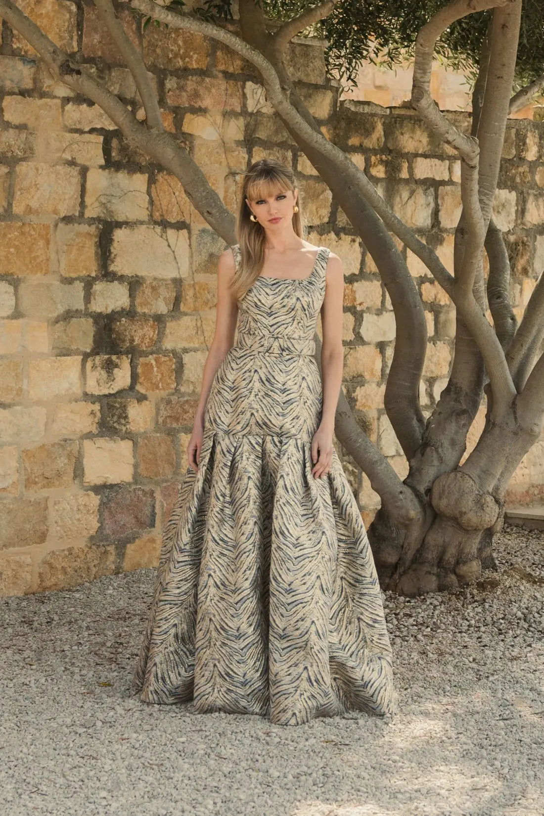 Gold Metallic Jacquard Gown with Square Neckline and Box Pleats-Myartka
