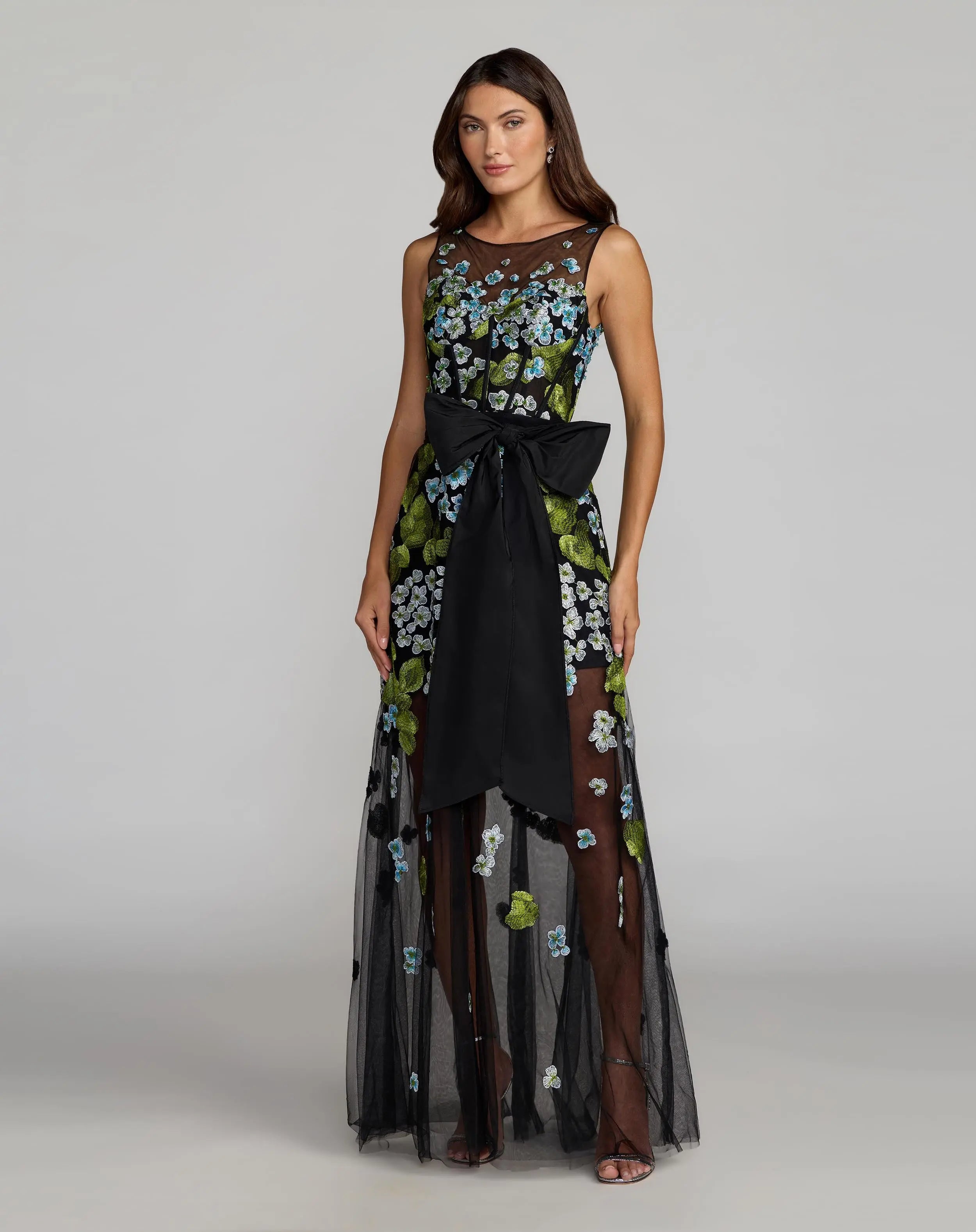 Black Floral Embroidered Corset Gown With Bow-Myartka