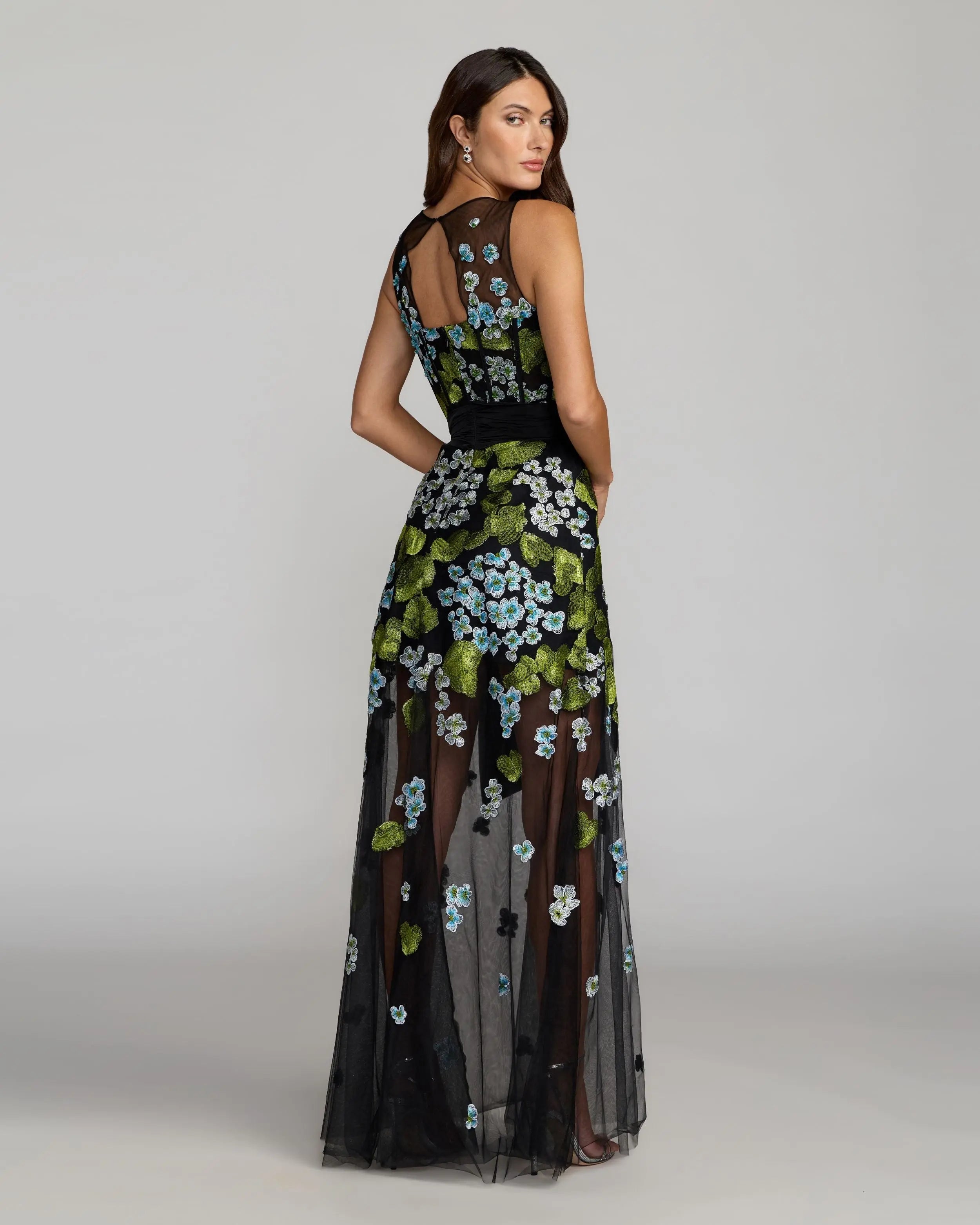 Black Floral Embroidered Corset Gown With Bow-Myartka