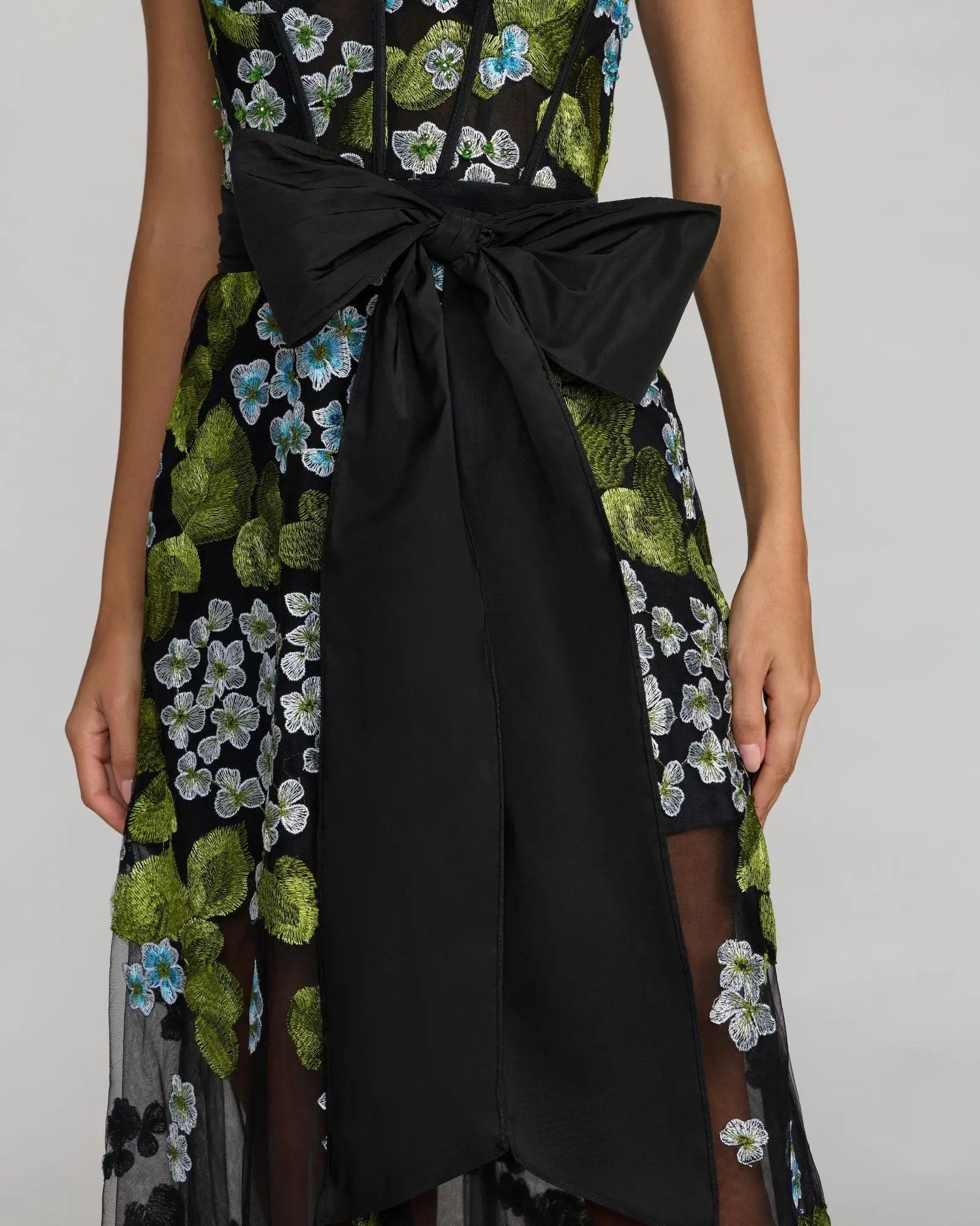 Black Floral Embroidered Corset Gown With Bow-Myartka
