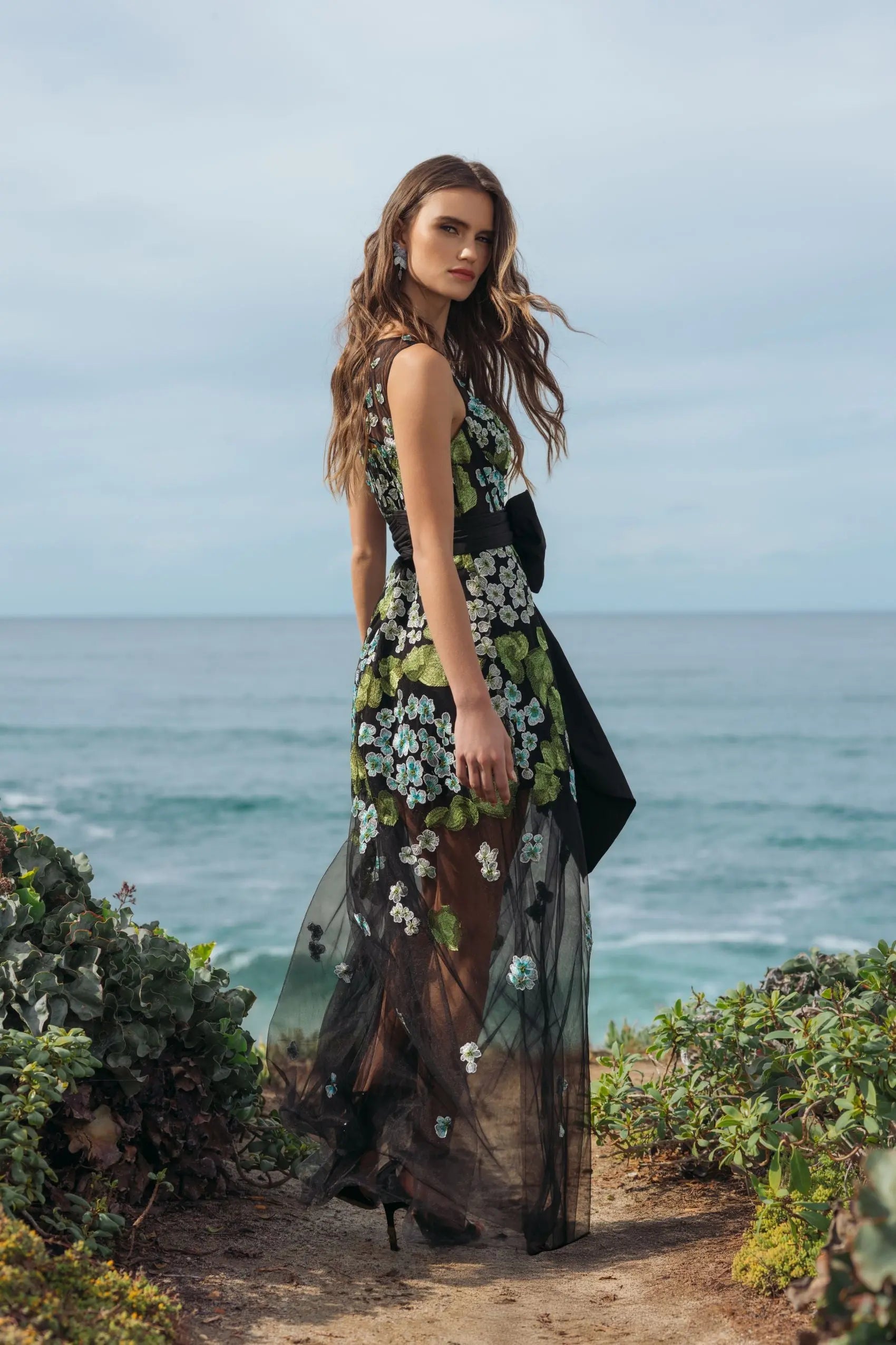 Black Floral Embroidered Corset Gown With Bow-Myartka