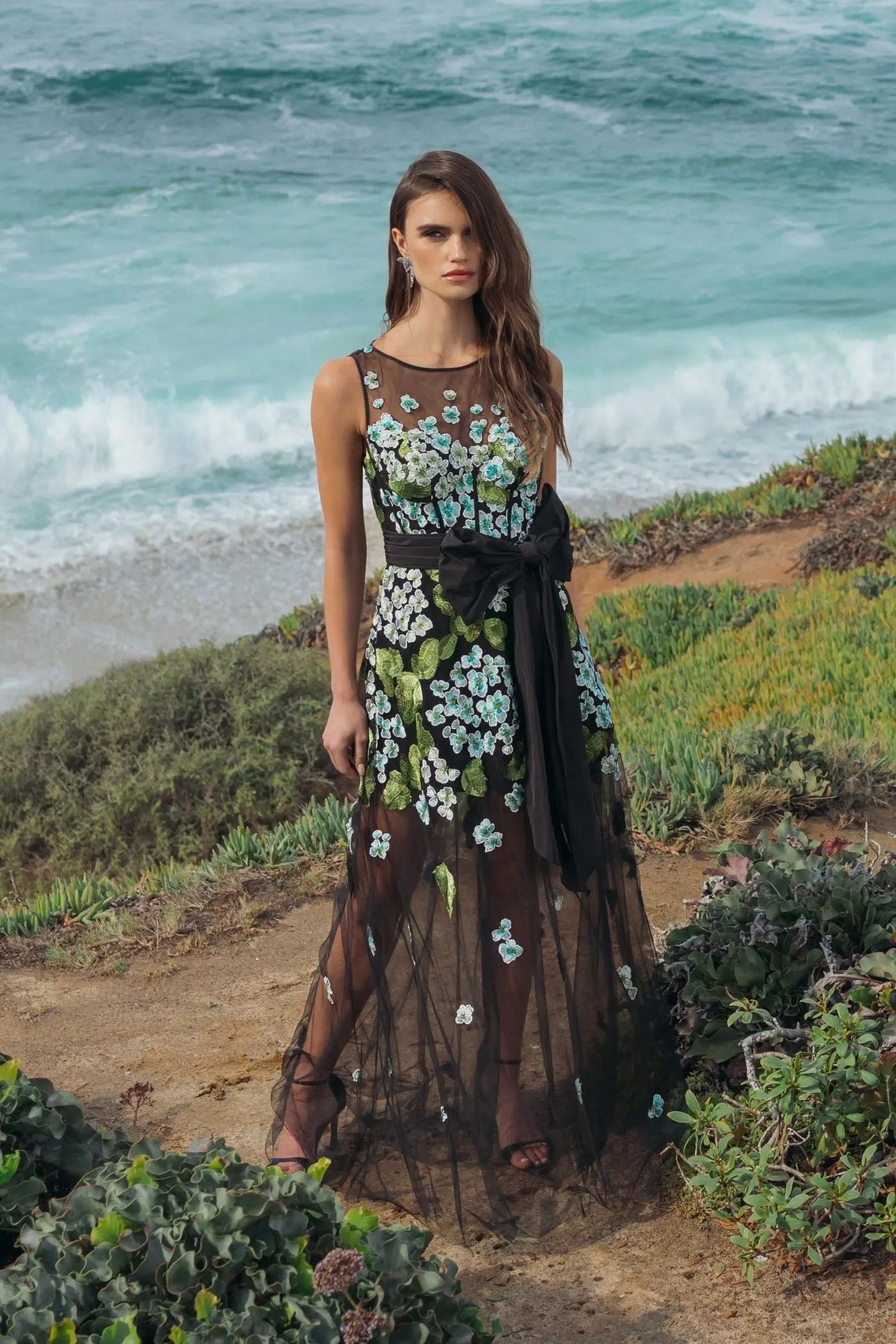 Black Floral Embroidered Corset Gown With Bow-Myartka