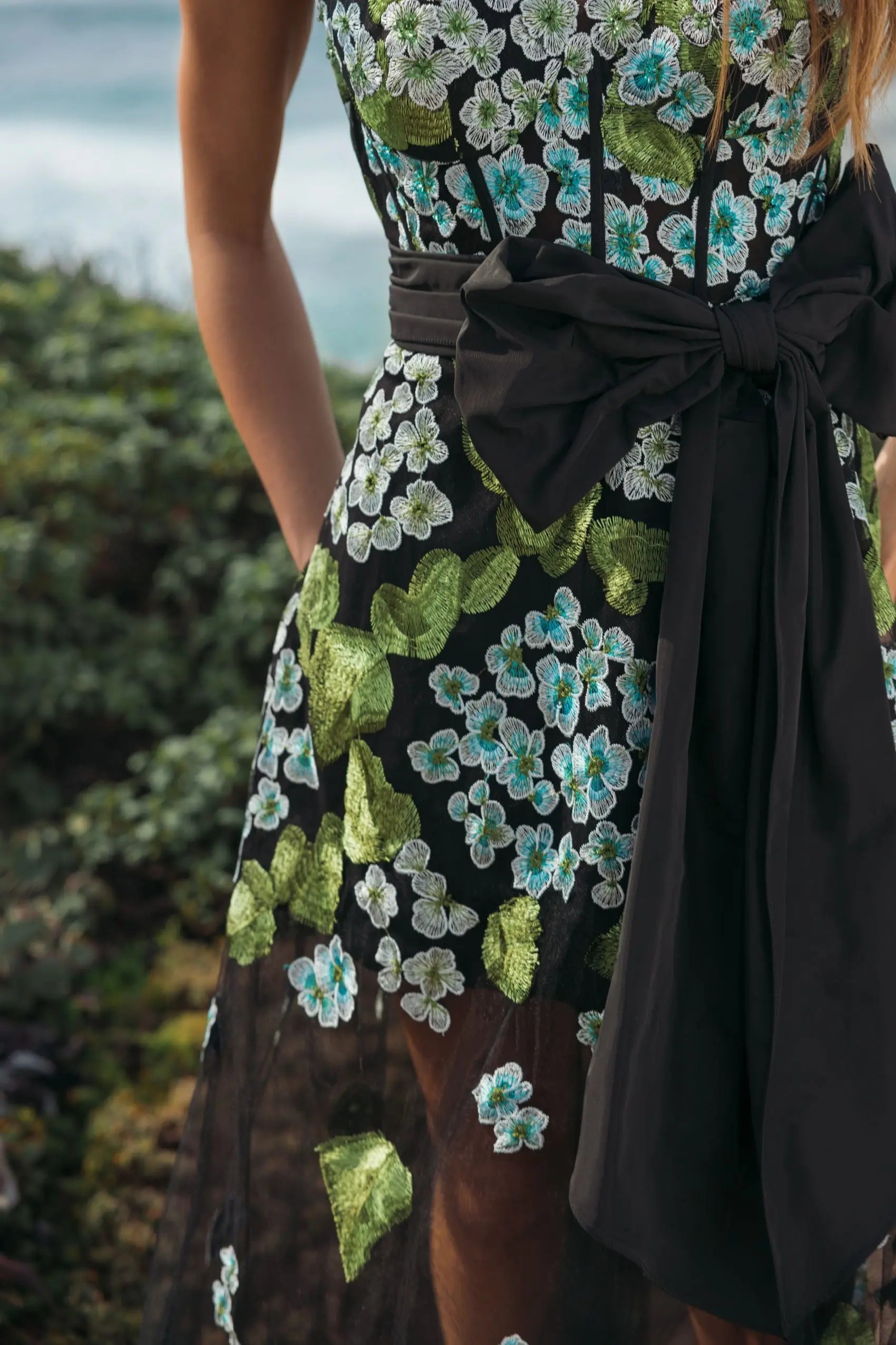 Black Floral Embroidered Corset Gown With Bow-Myartka