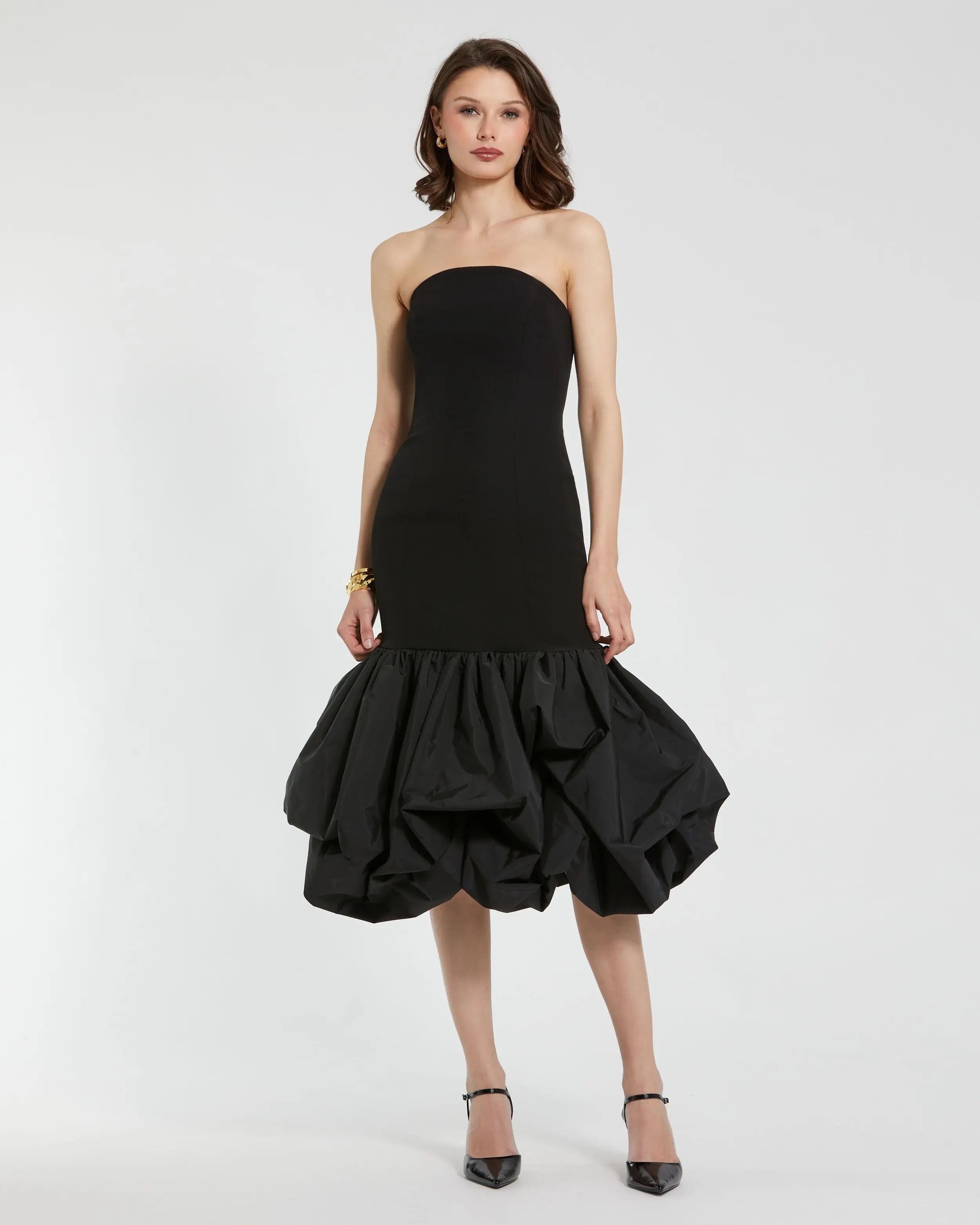 Black Crepe Strapless Midi Dress With Bubble Hem-Myartka