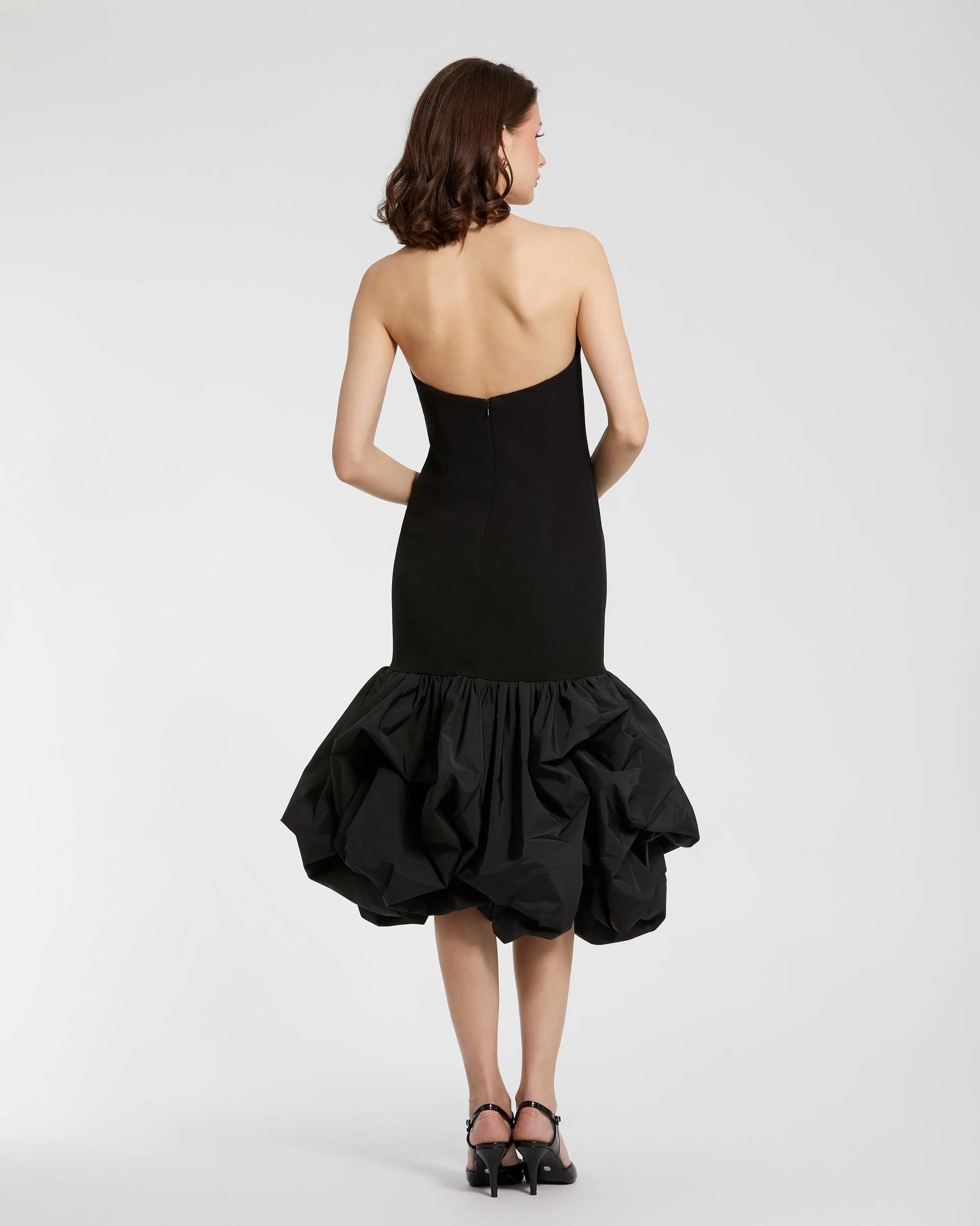 Black Crepe Strapless Midi Dress With Bubble Hem-Myartka