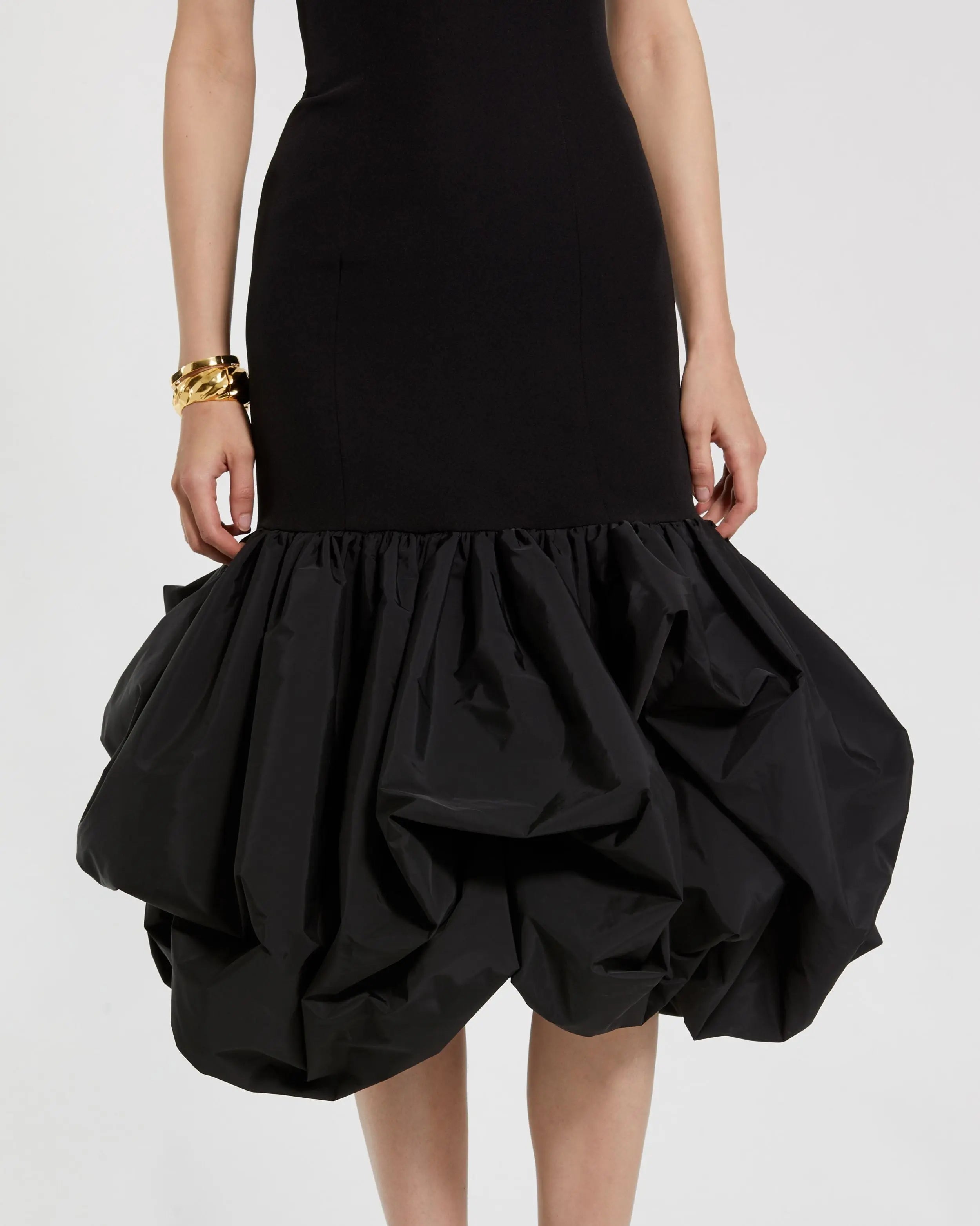 Black Crepe Strapless Midi Dress With Bubble Hem-Myartka