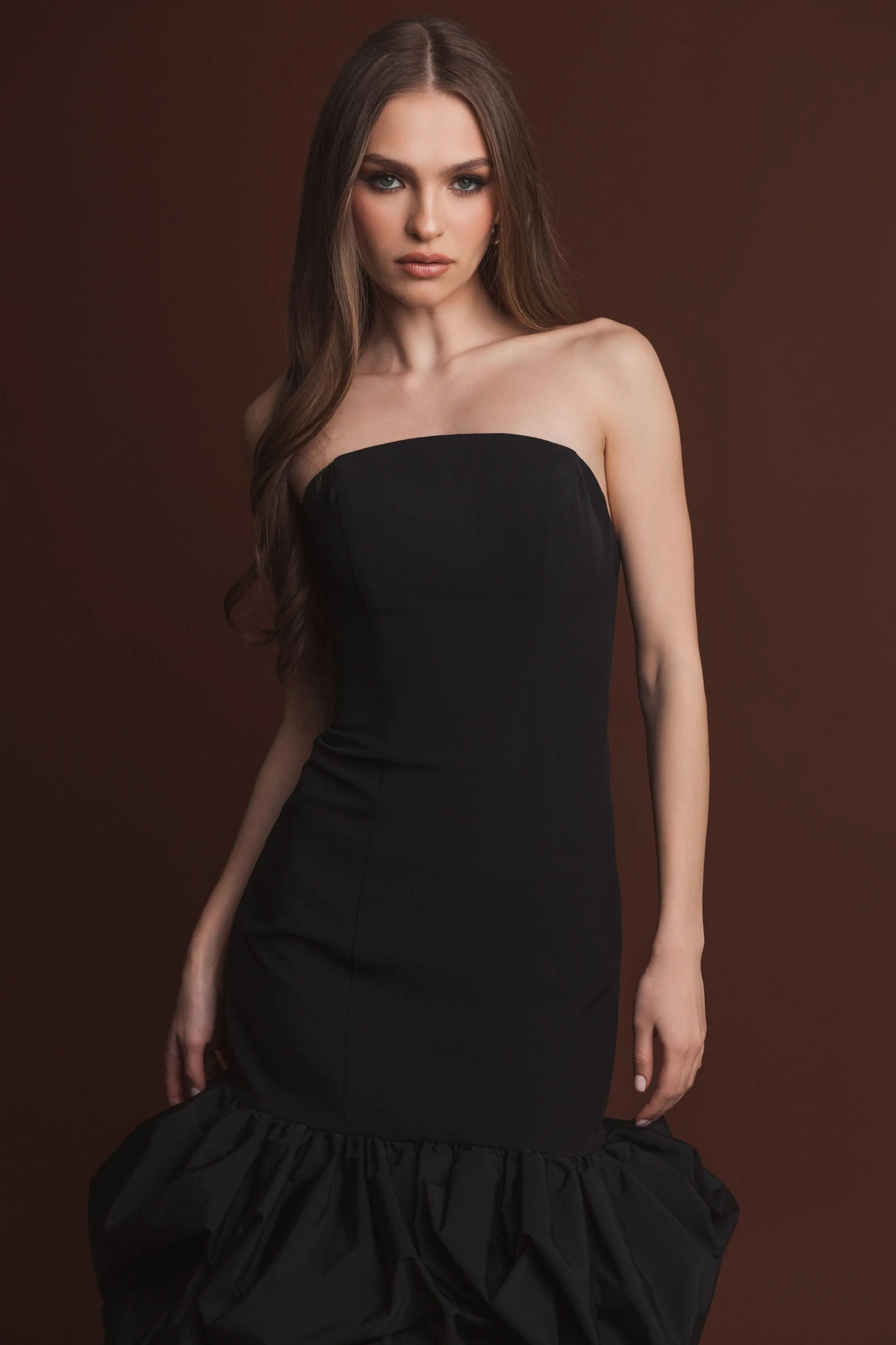 Black Crepe Strapless Midi Dress With Bubble Hem-Myartka
