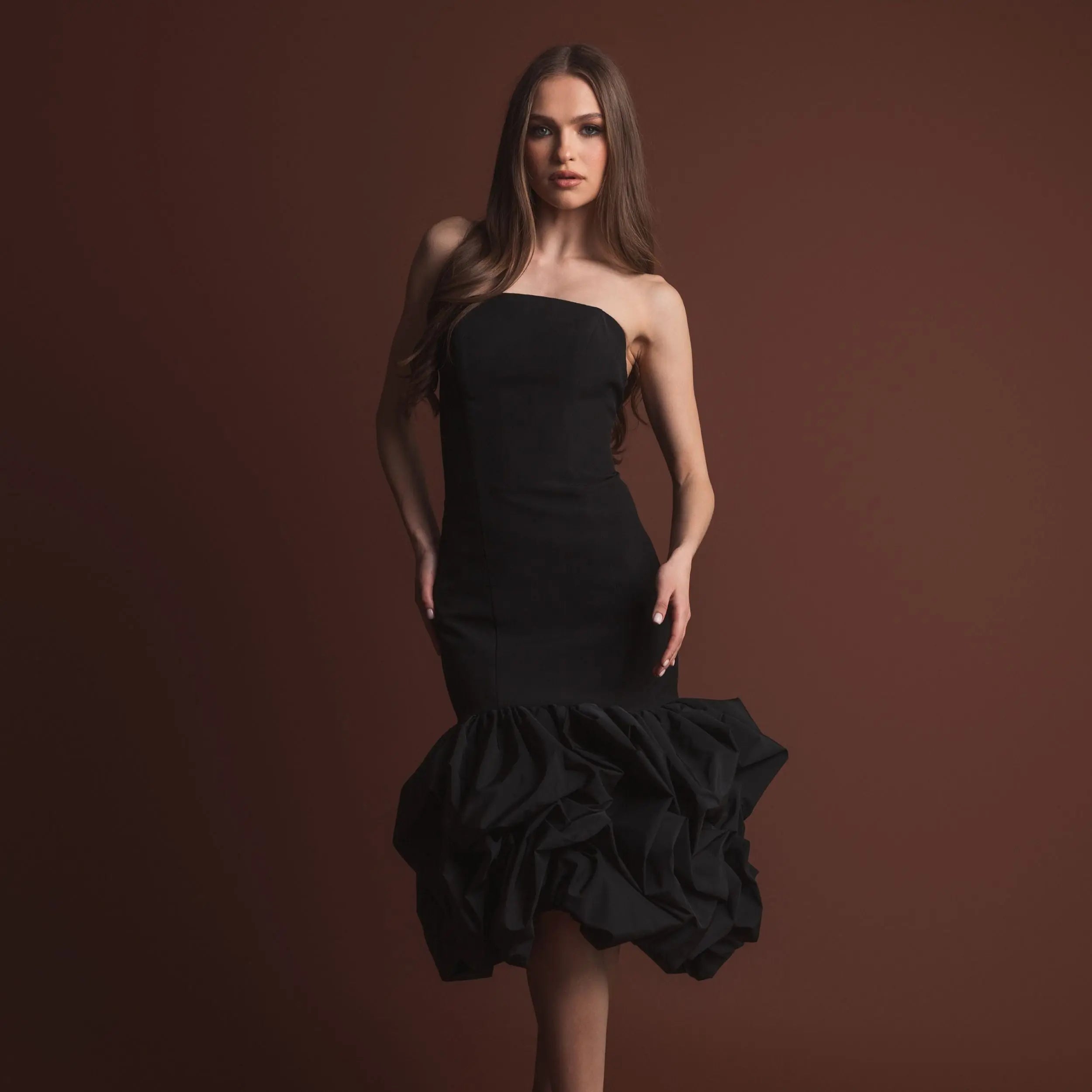 Black Crepe Strapless Midi Dress With Bubble Hem-Myartka