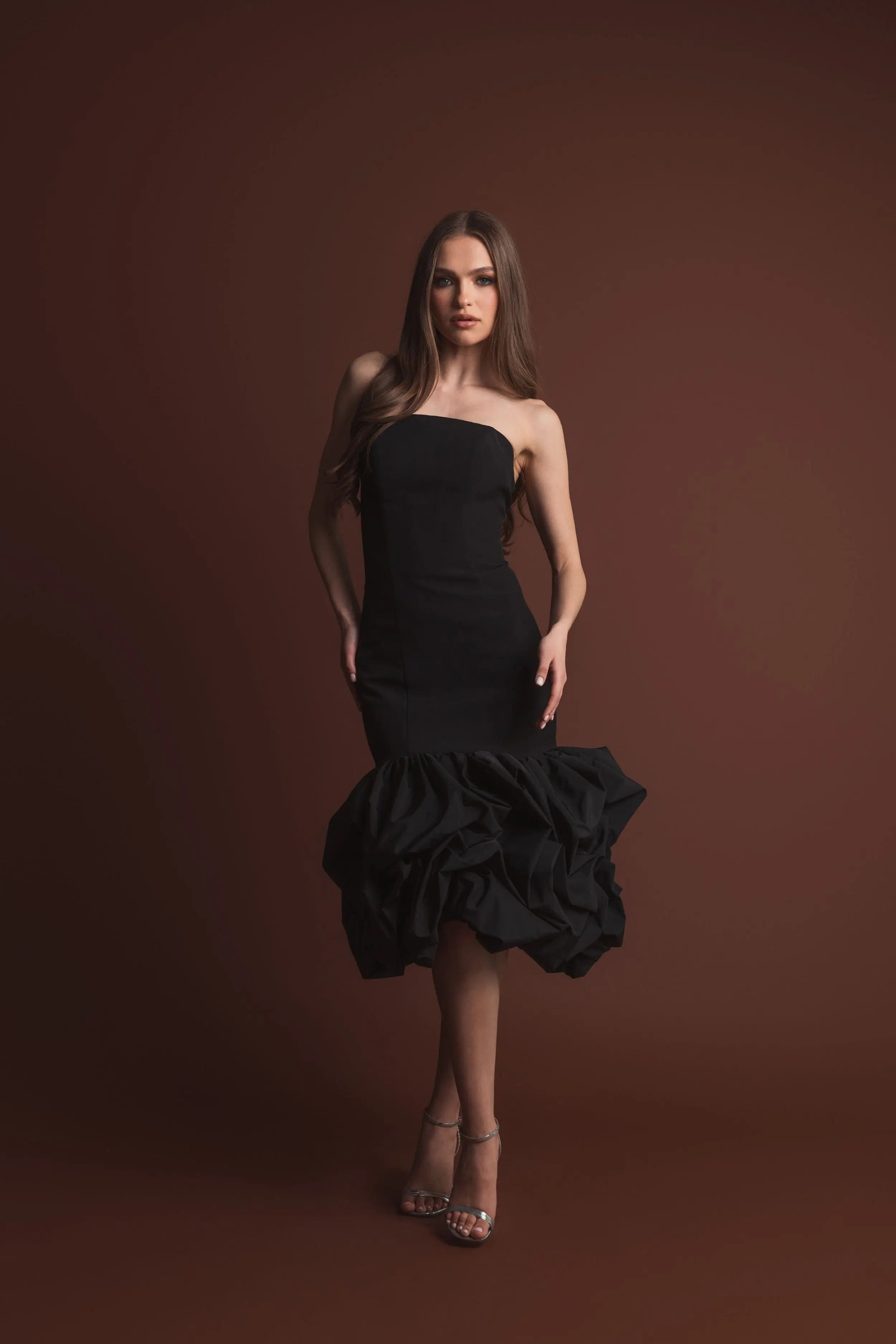Black Crepe Strapless Midi Dress With Bubble Hem-Myartka