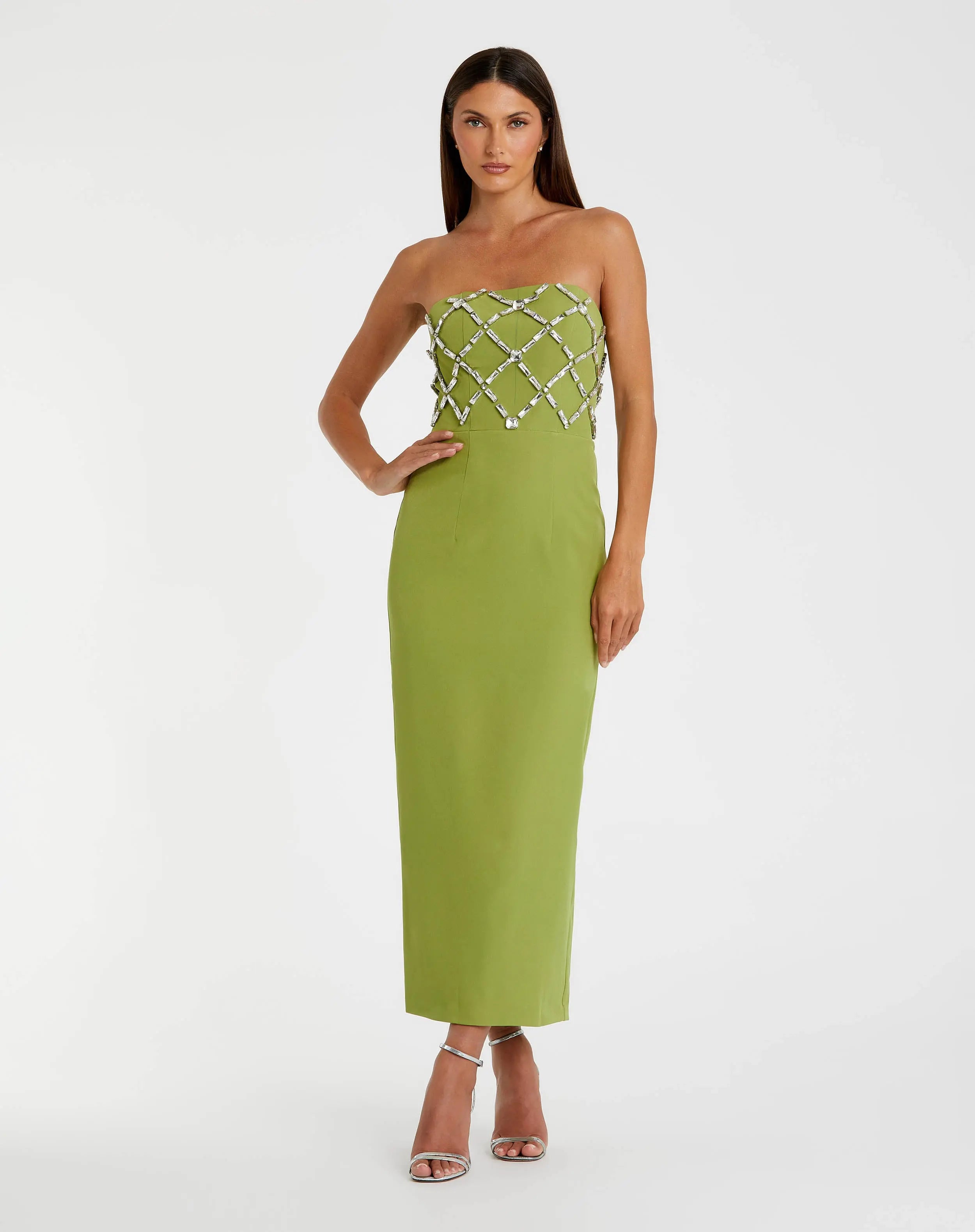 Green Strapless Crystal Embellished Midi Dress-Myartka