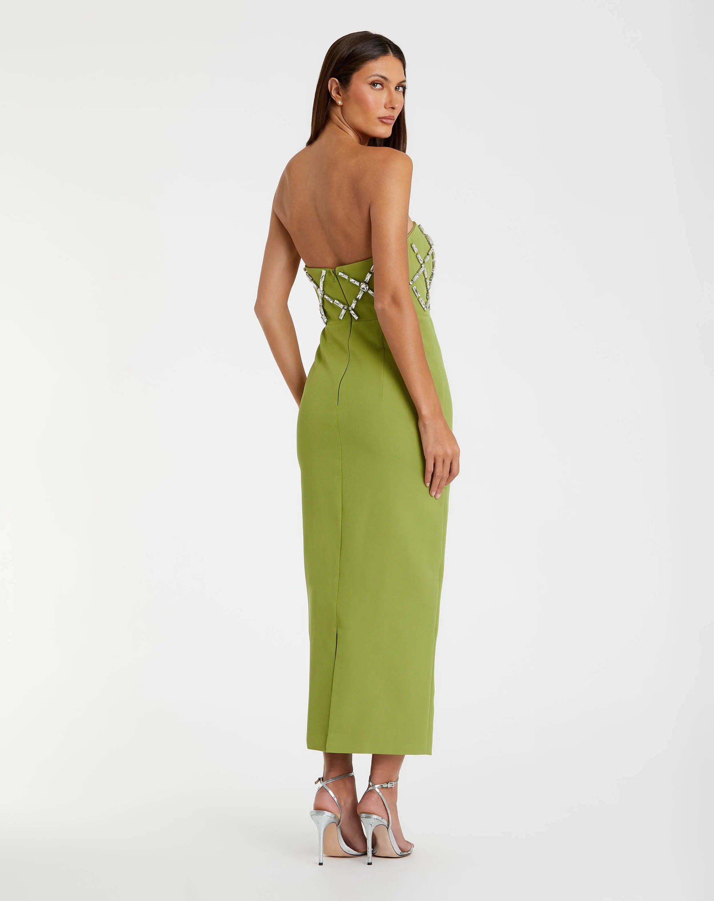 Green Strapless Crystal Embellished Midi Dress-Myartka