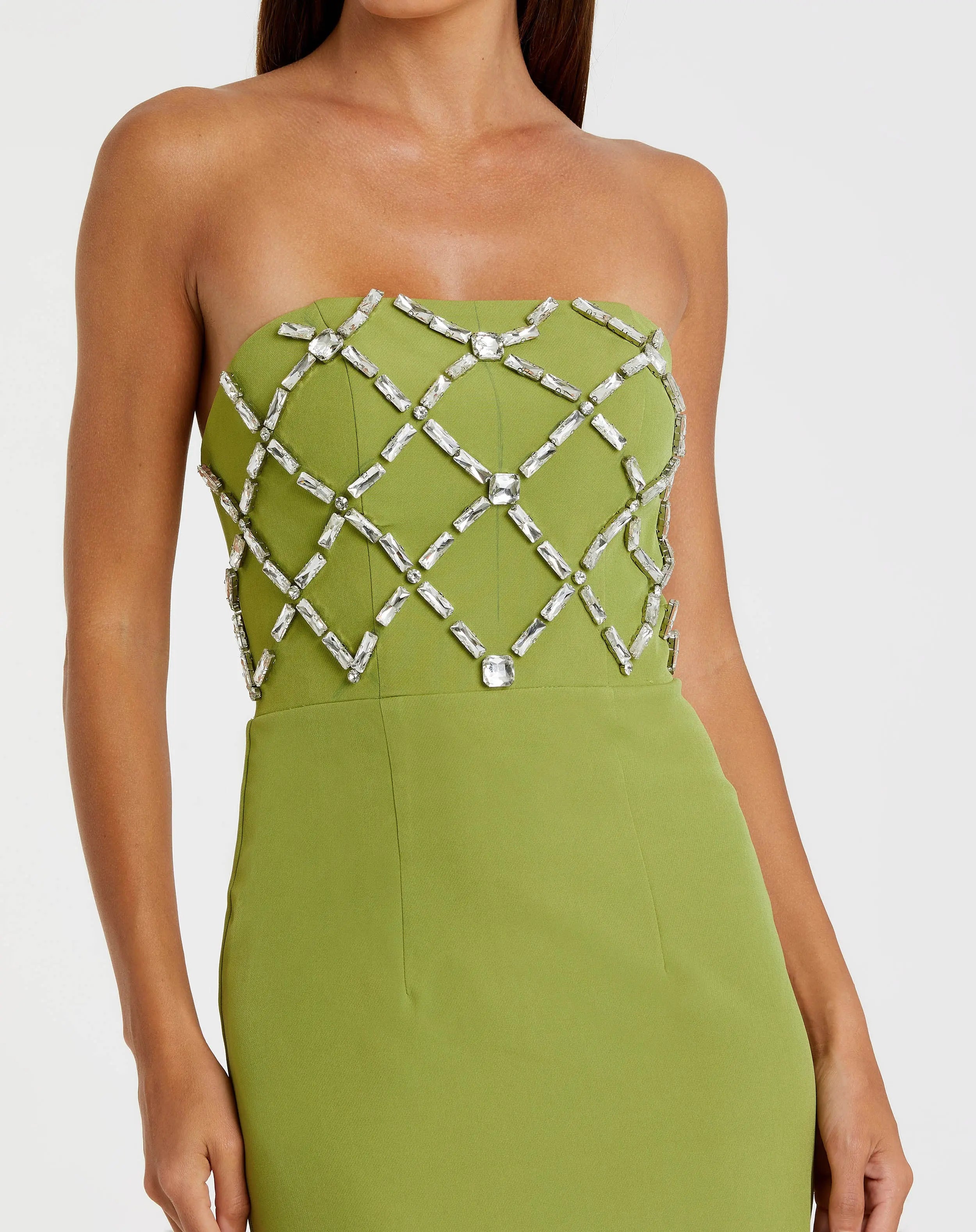 Green Strapless Crystal Embellished Midi Dress-Myartka