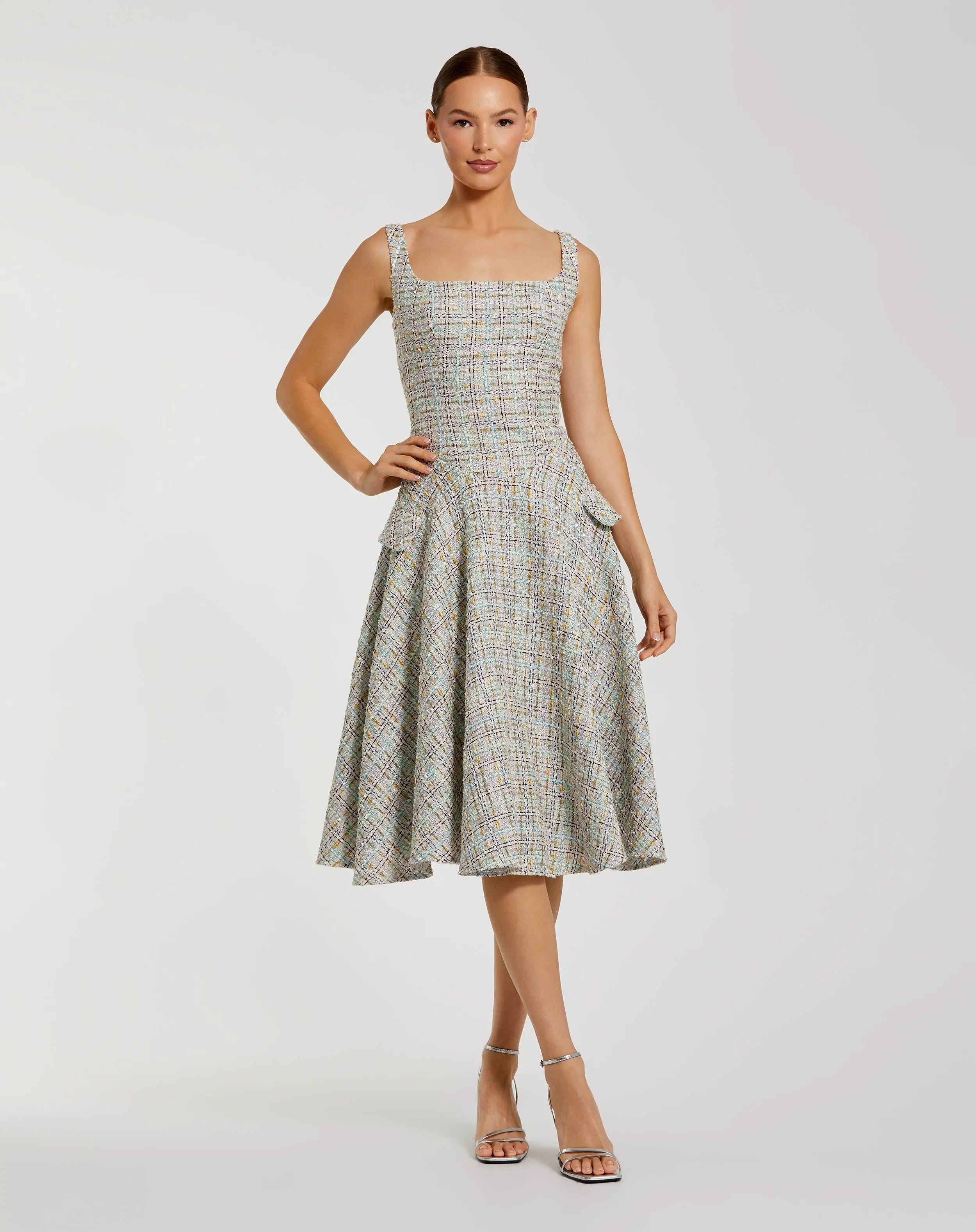 Multicolor Sleeveless Drop Waist Boucle Midi Dress-Myartka