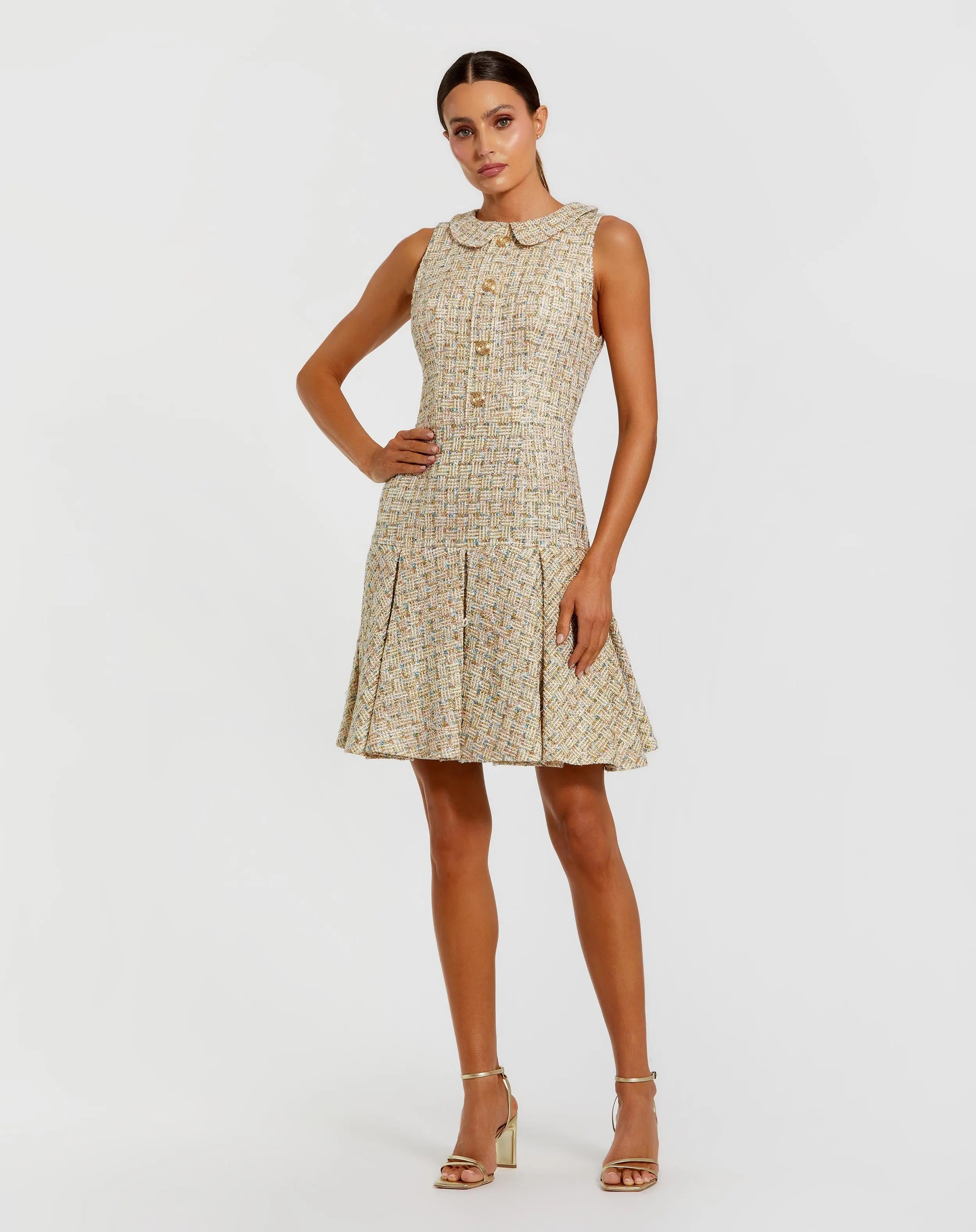 Gold Sleeveless Boucle Mini Dress with Pleats-Myartka