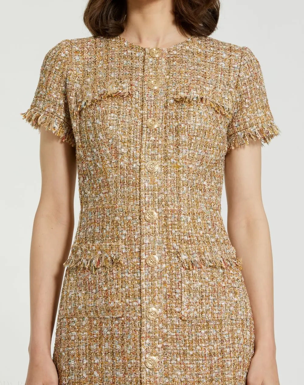 Beige Boucle Short Sleeve Mini Dress With Pockets-Myartka