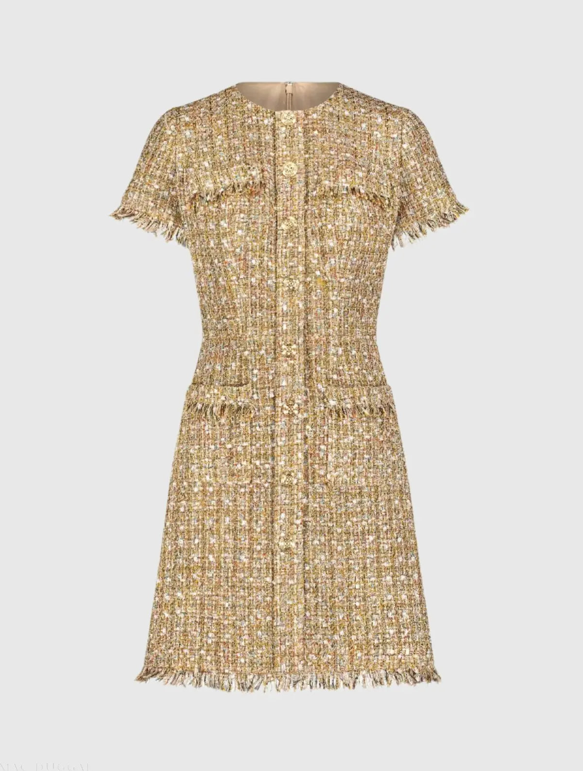 Beige Boucle Short Sleeve Mini Dress With Pockets-Myartka