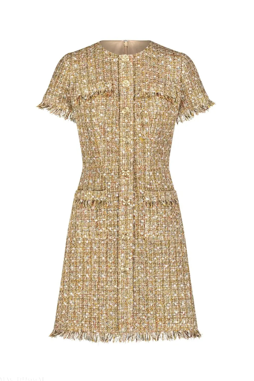 Beige Boucle Short Sleeve Mini Dress With Pockets-Myartka
