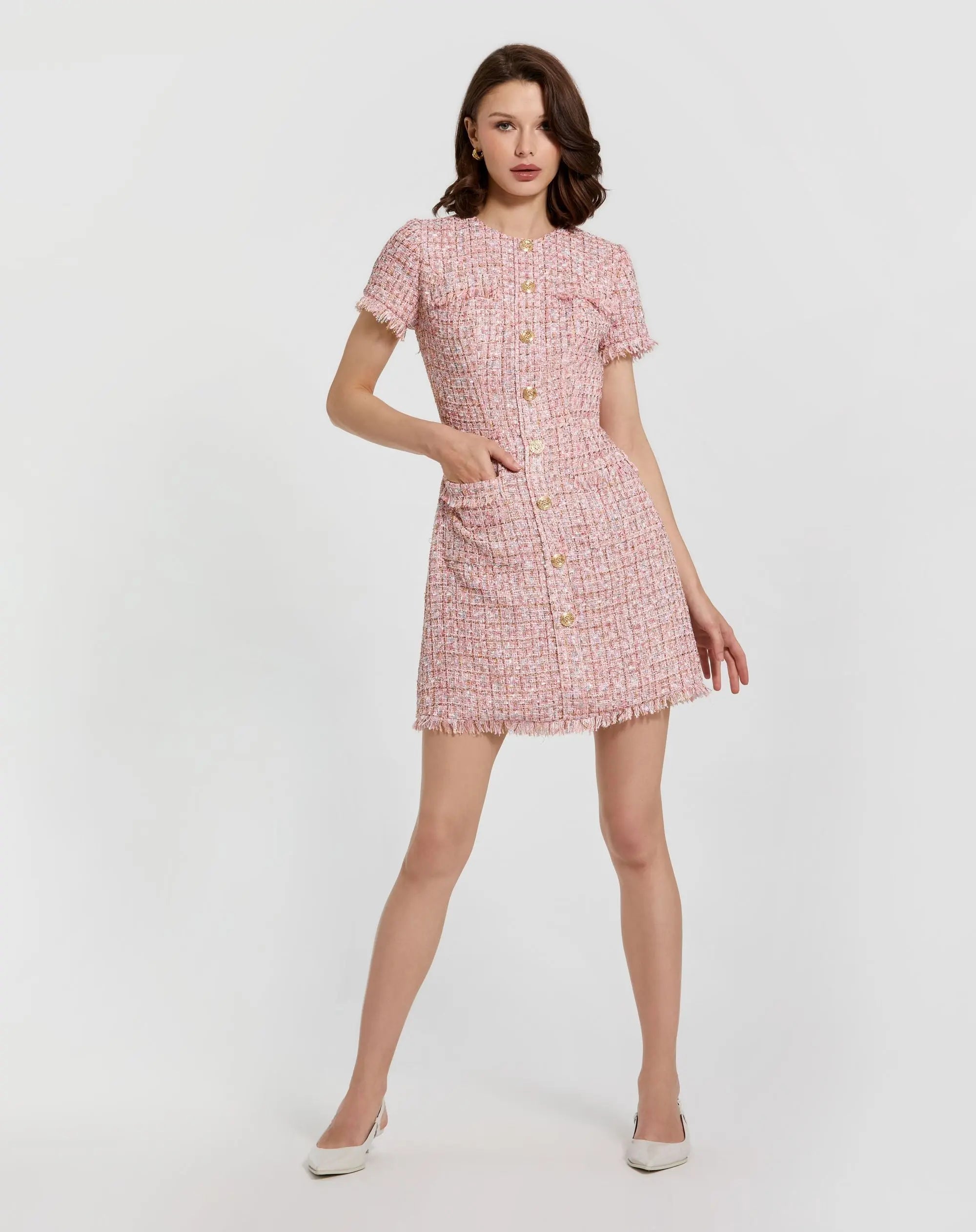 Boucle Short Sleeve Mini Dress With Pockets-Myartka