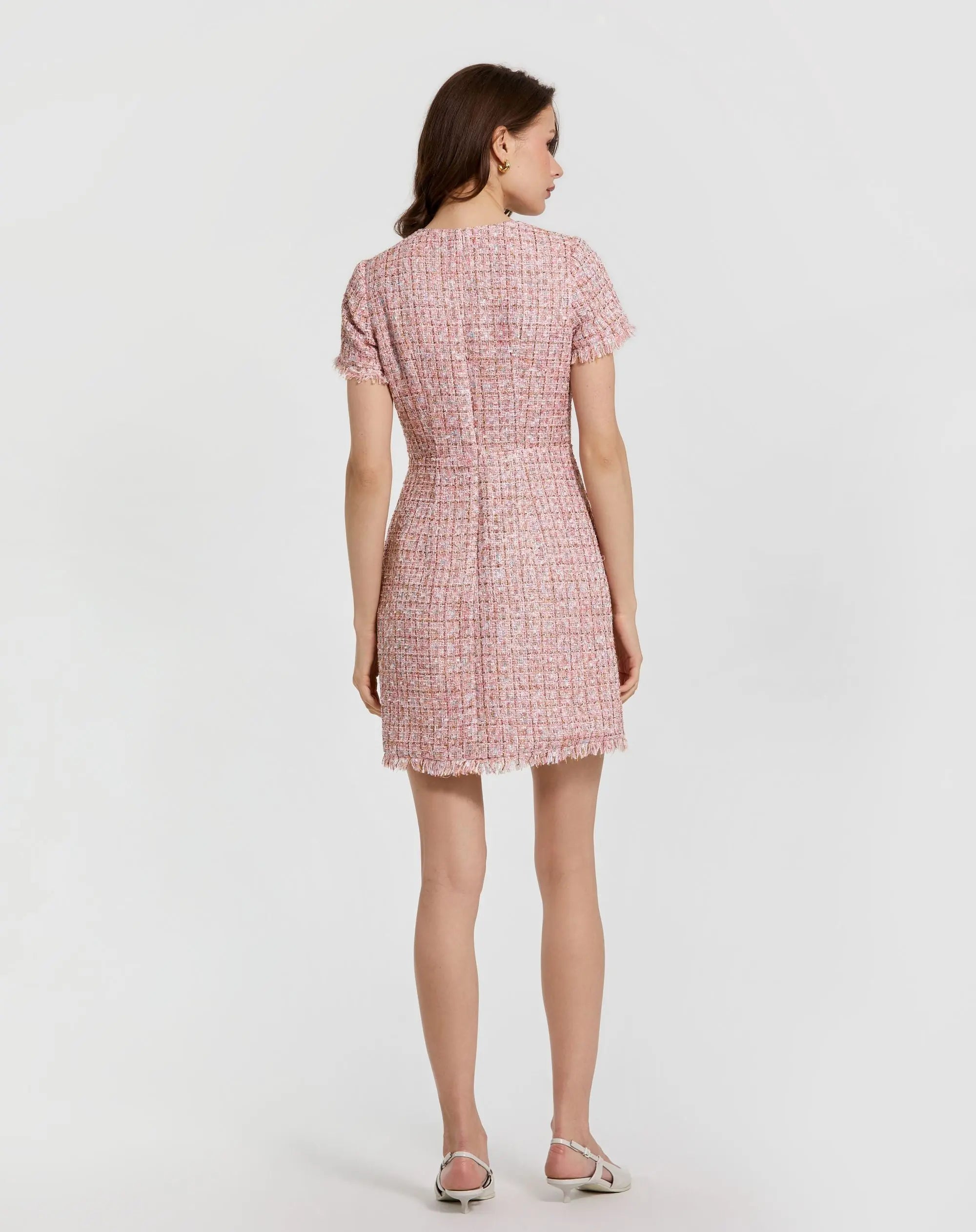 Pink Boucle Short Sleeve Mini Dress With Pockets-Myartka