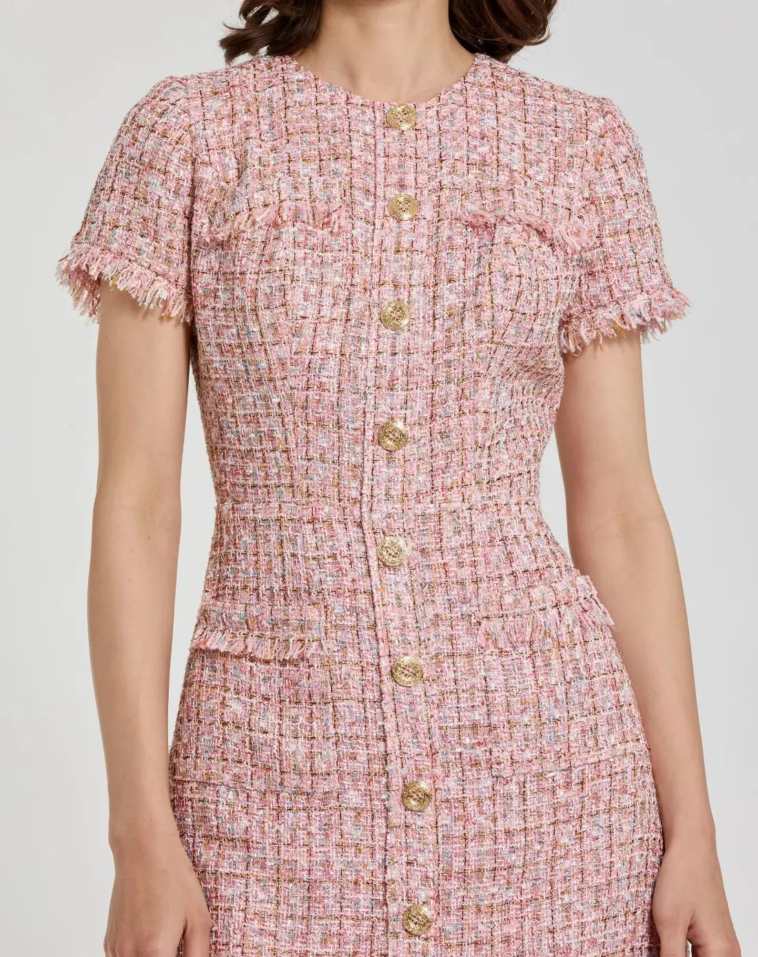 Pink Boucle Short Sleeve Mini Dress With Pockets-Myartka