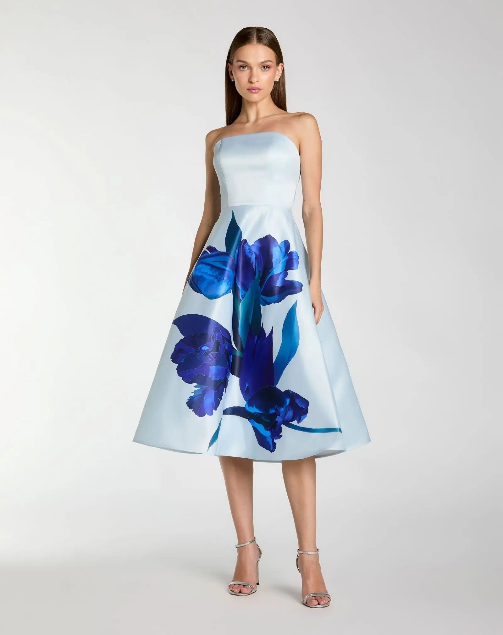 Blue Strapless Satin Midi Dress With Flower Print-Myartka