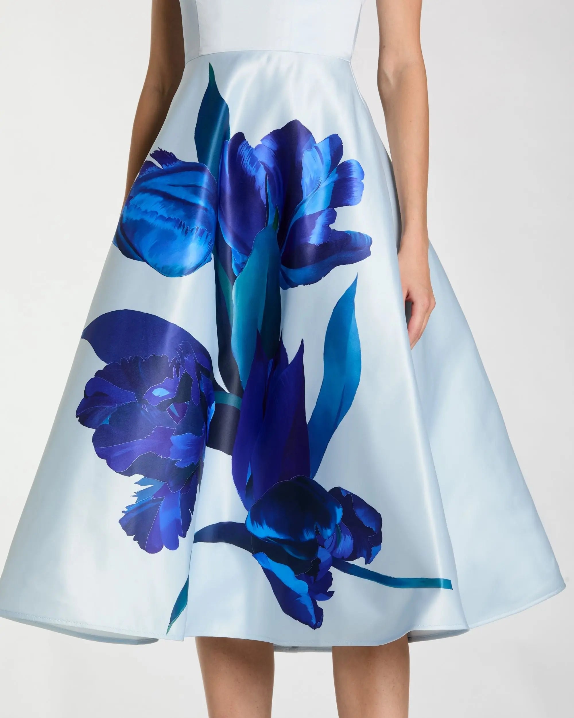Blue Strapless Satin Midi Dress With Flower Print-Myartka