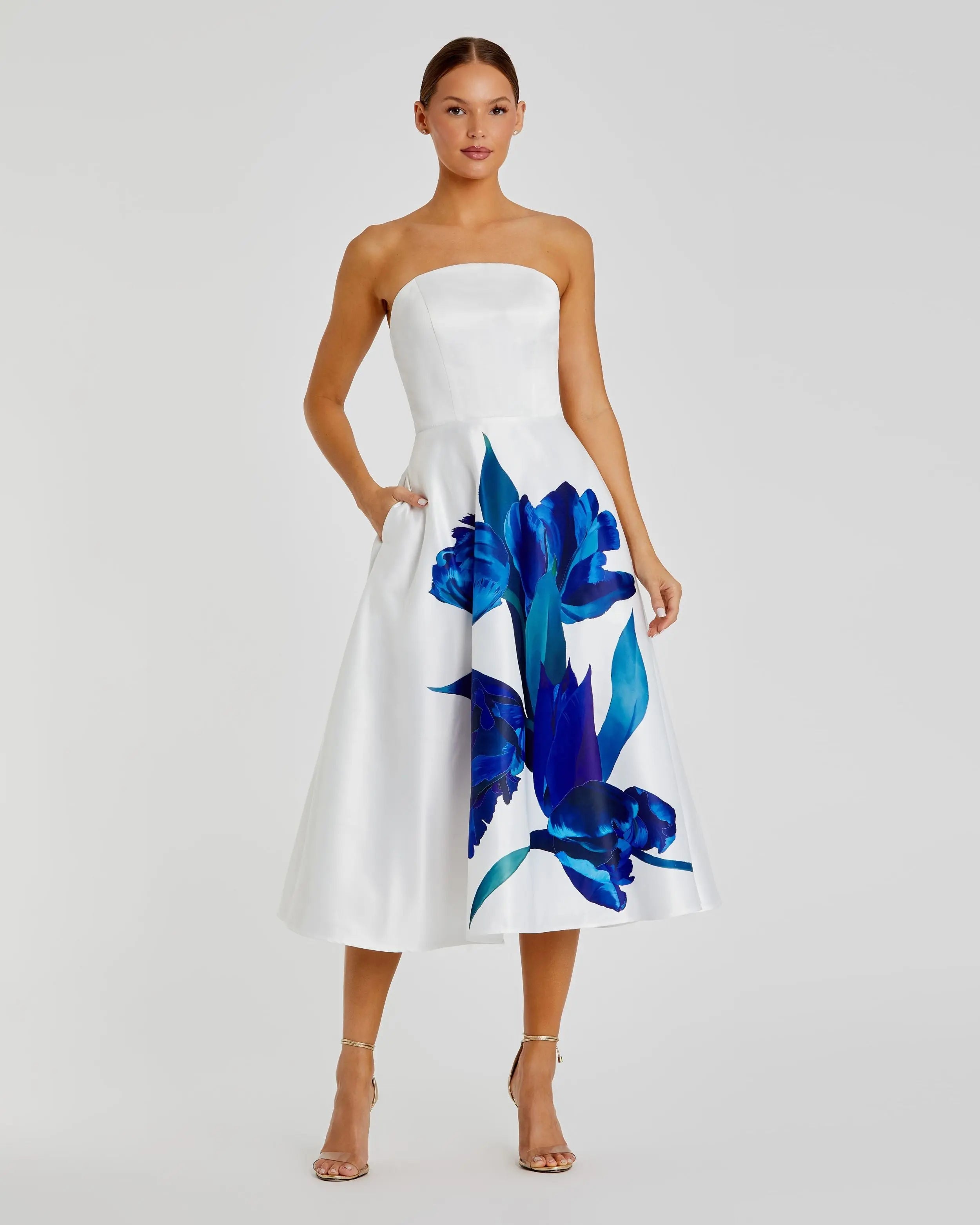 White Strapless Satin Midi Dress With Flower Print-Myartka