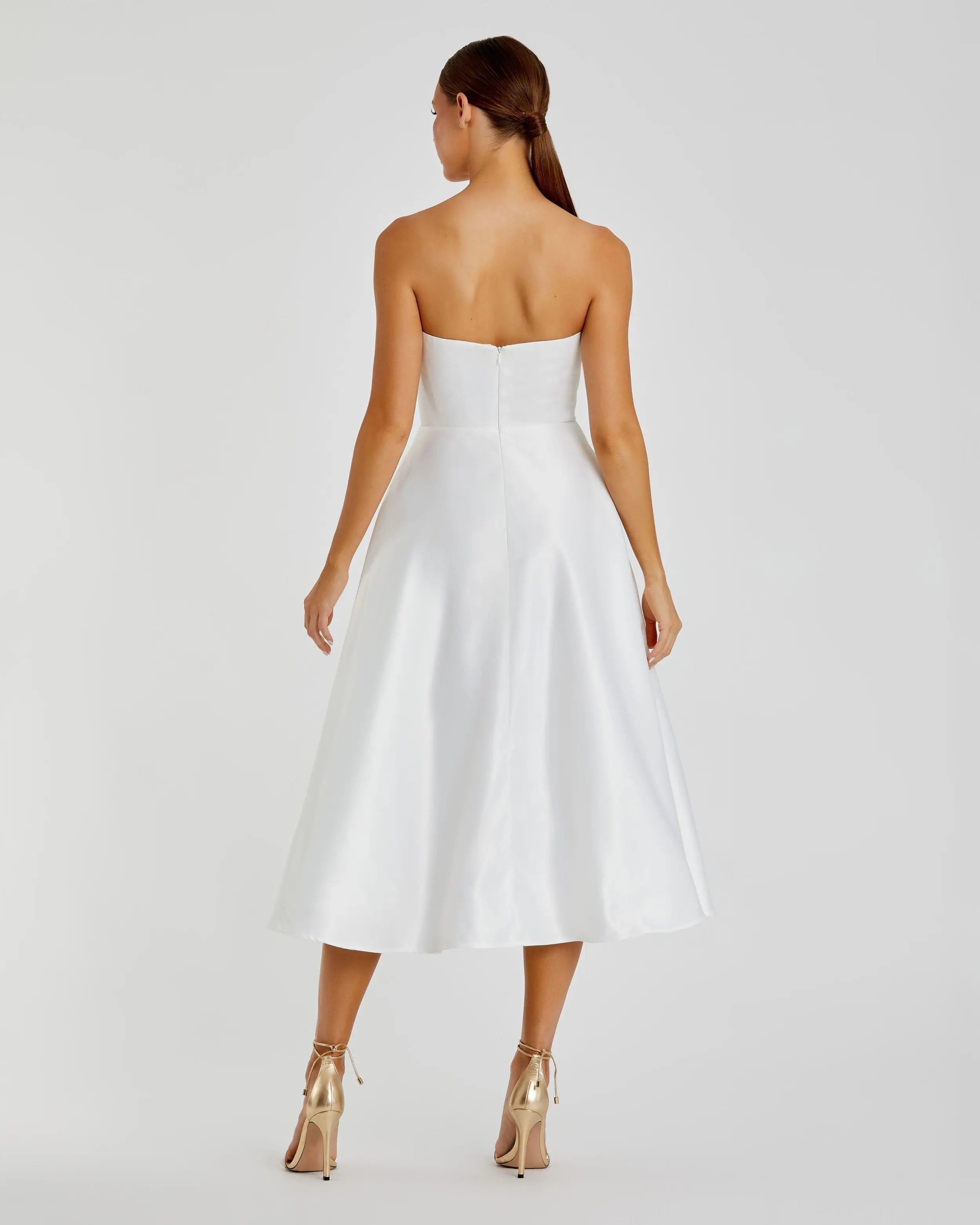 White Strapless Satin Midi Dress With Flower Print-Myartka