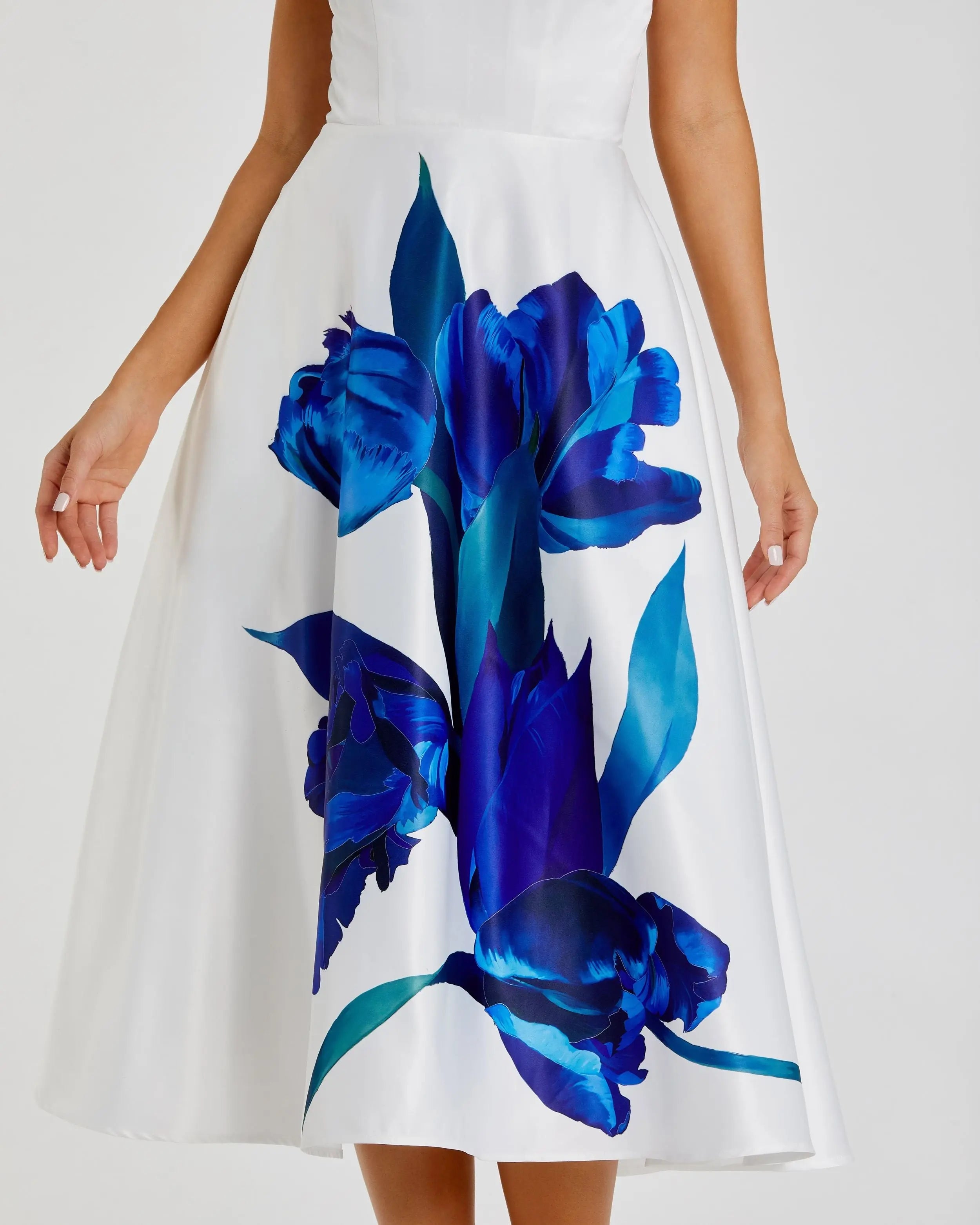 White Strapless Satin Midi Dress With Flower Print-Myartka