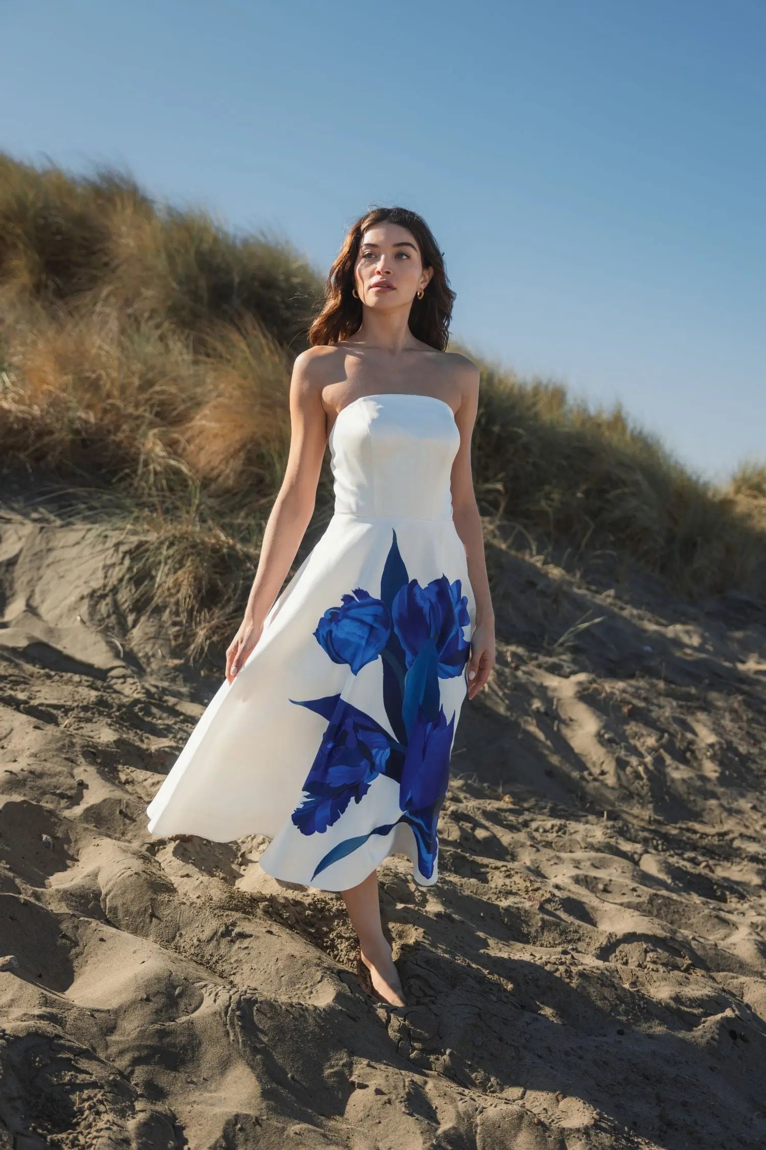 White Strapless Satin Midi Dress With Flower Print-Myartka