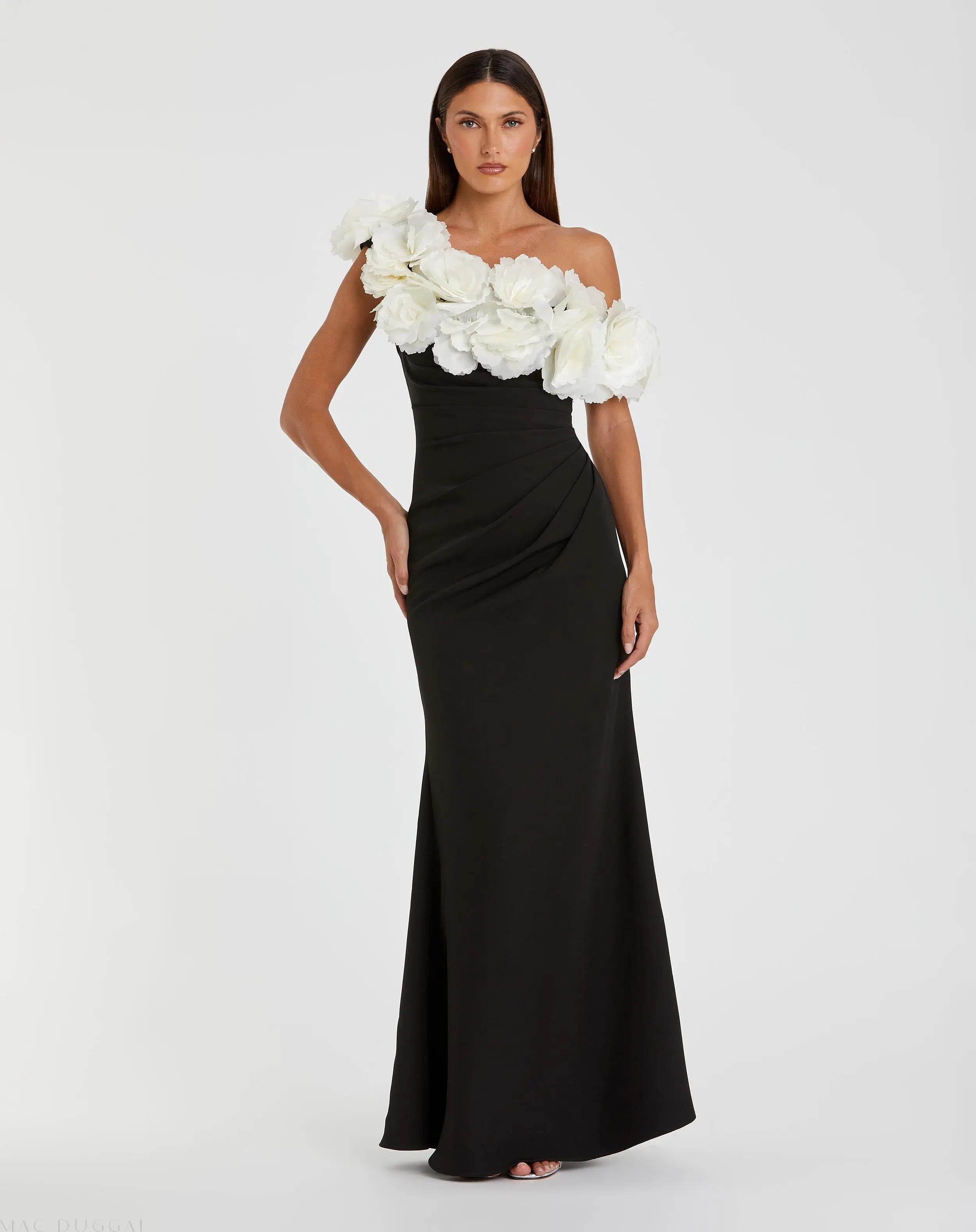 Black and White Jersey Gown With 3D Flower Off The Shoulder Detail-Myartka