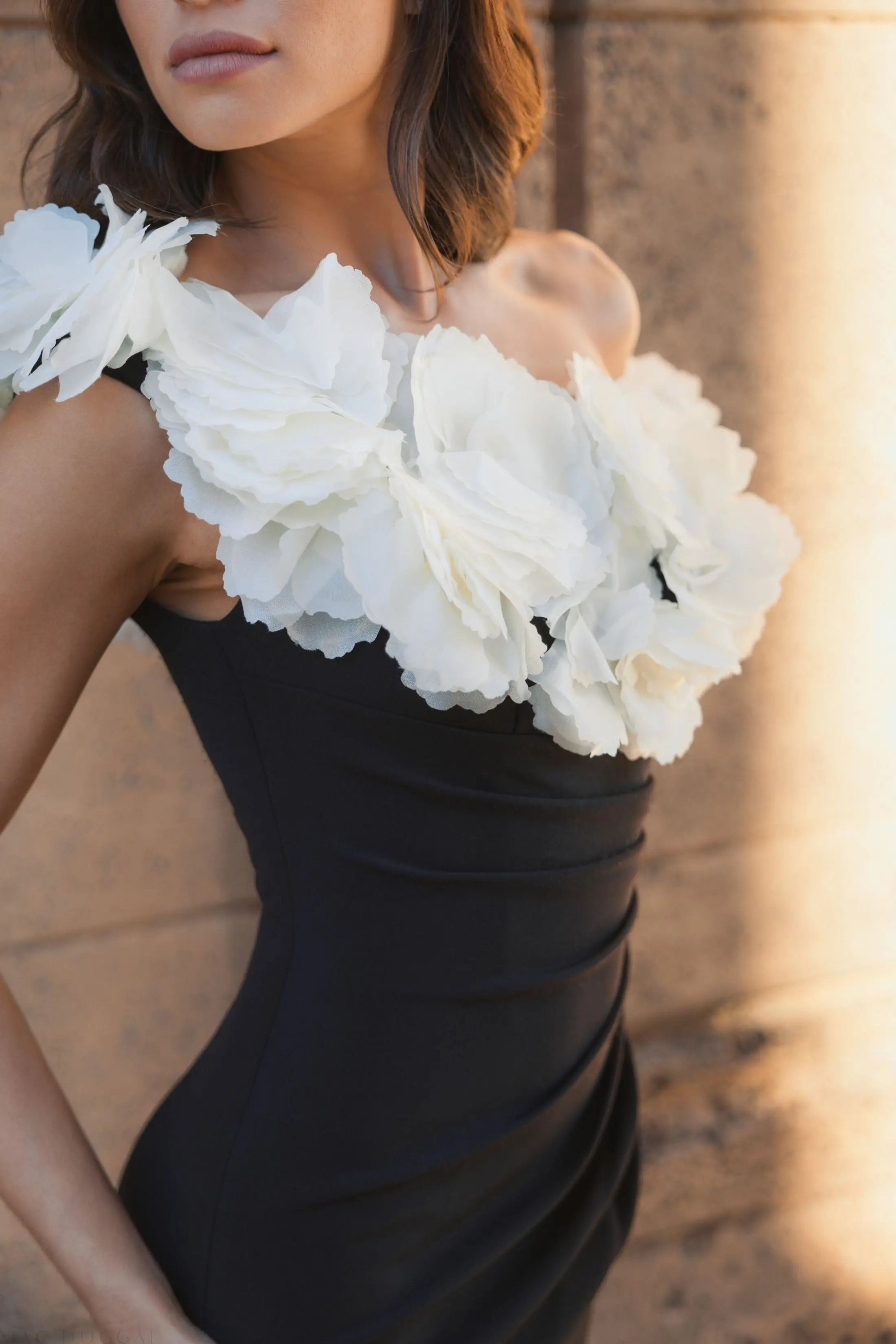 Black and White Jersey Gown With 3D Flower Off The Shoulder Detail-Myartka