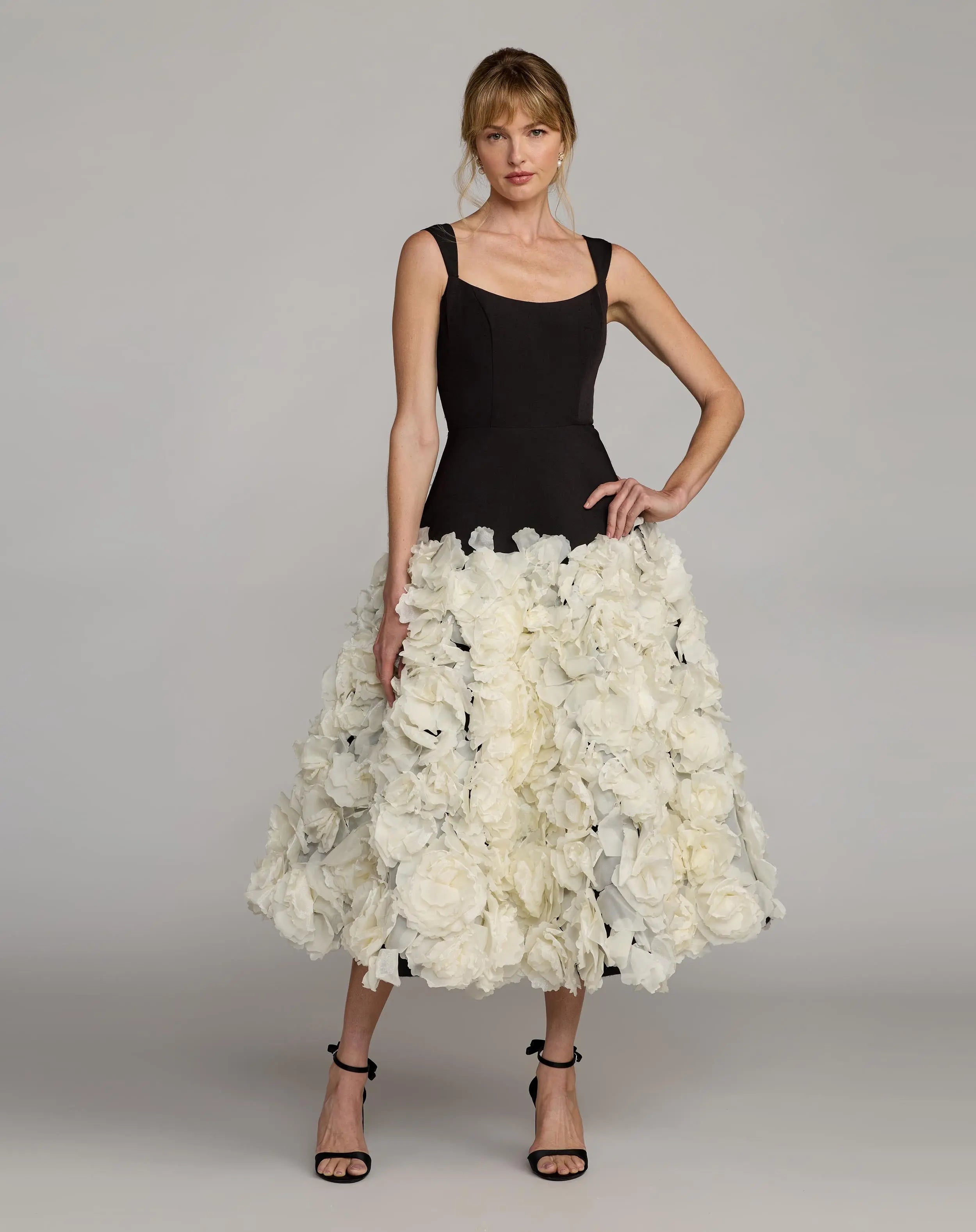 Black Sleeveless A-Line Midi Dress With 3D Floral Skirt-Myartka