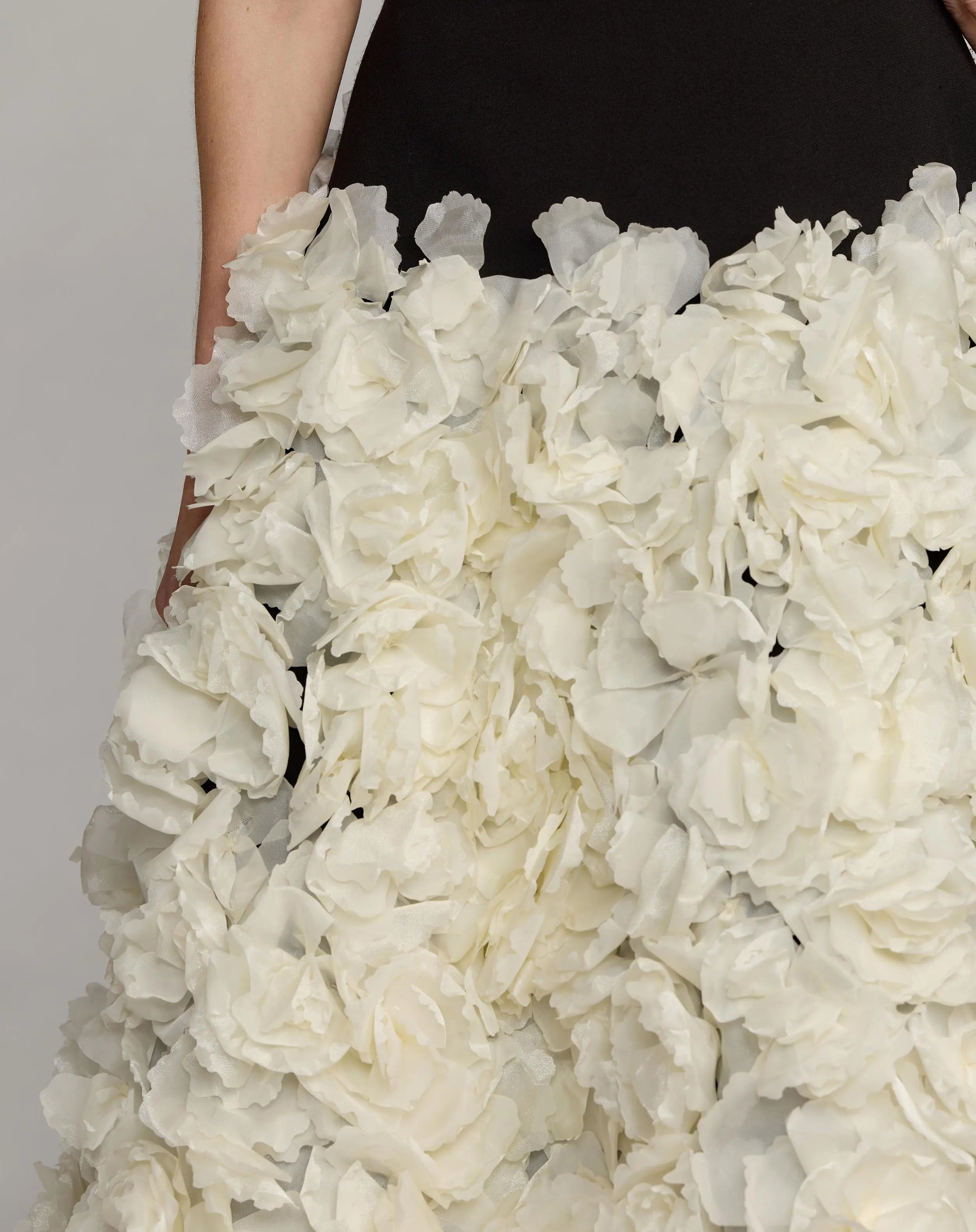 Black Sleeveless A-Line Midi Dress With 3D Floral Skirt-Myartka