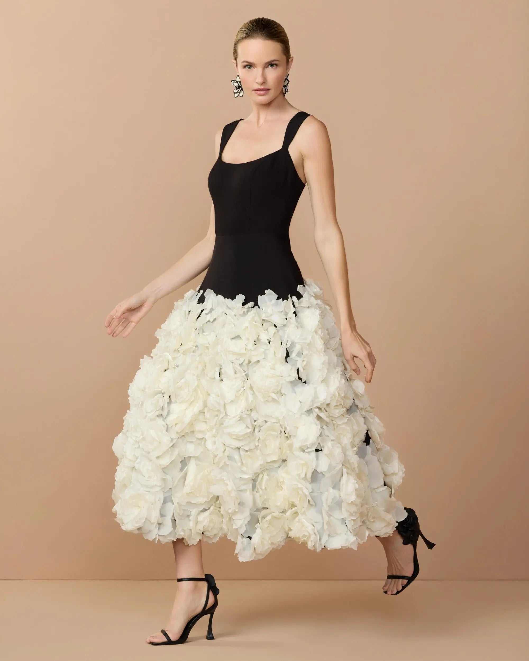 Black Sleeveless A-Line Midi Dress With 3D Floral Skirt-Myartka