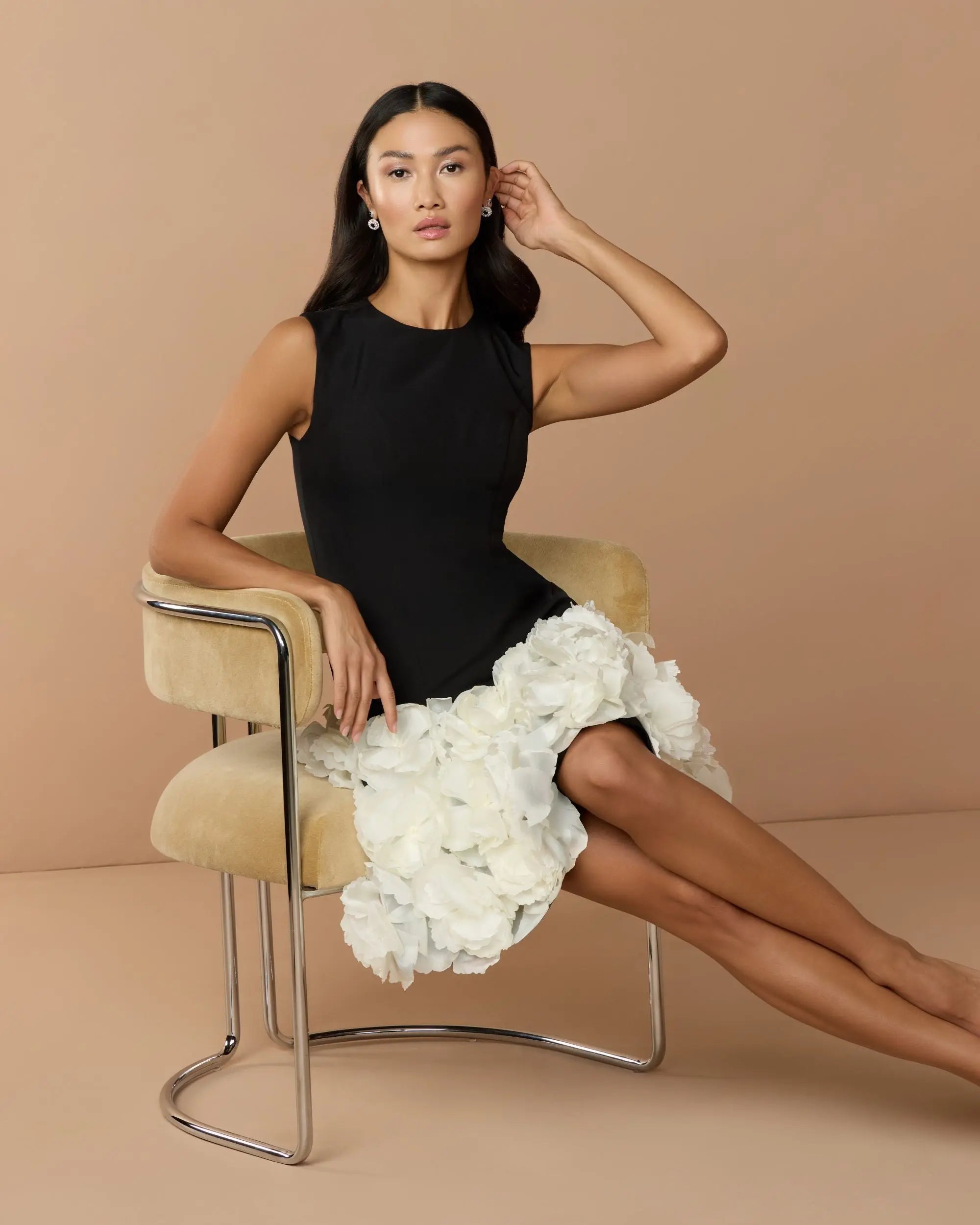 Black Sleeveless Mini Dress with 3D Floral Skirt-Myartka