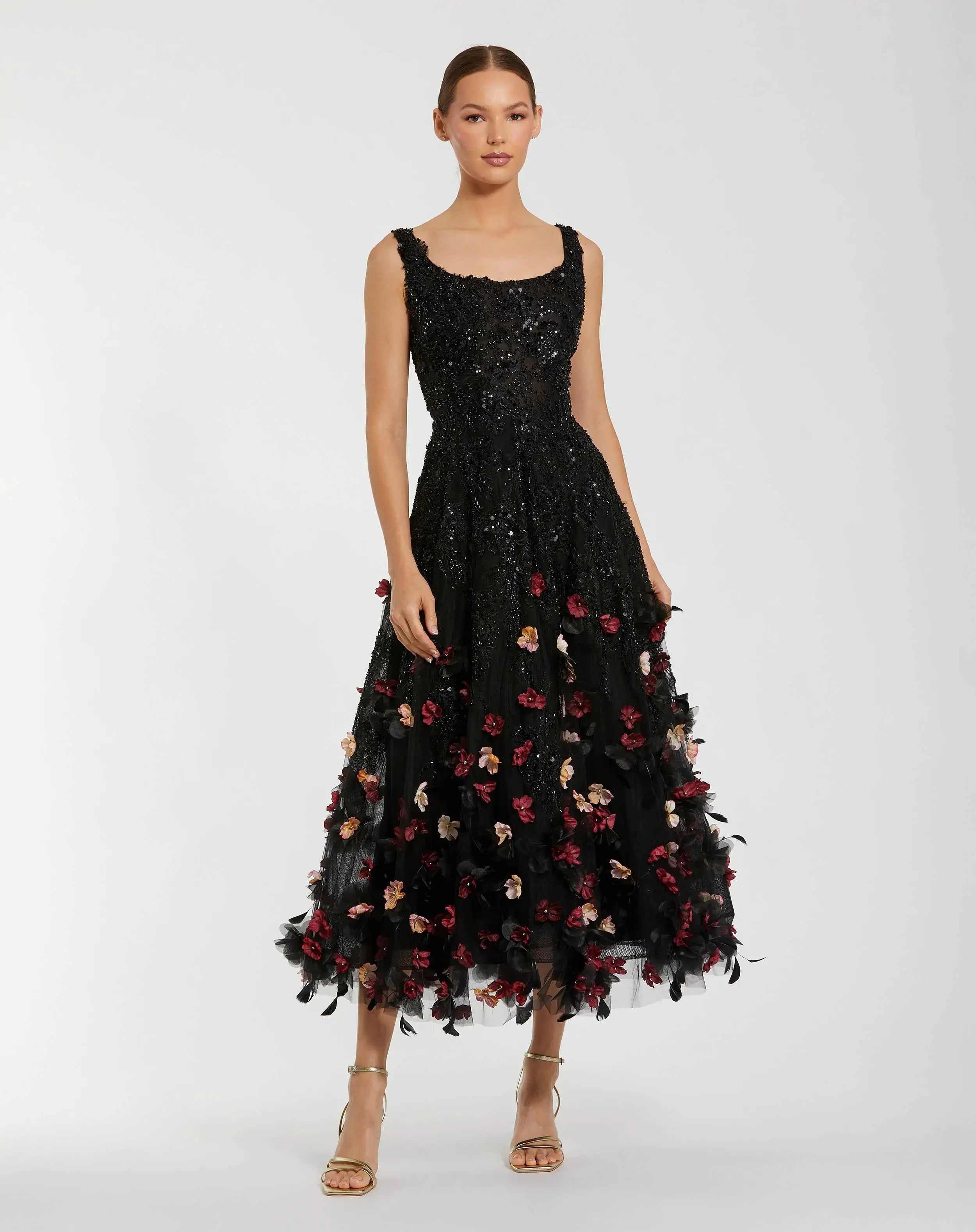 Black Sleeveless Beaded Midi Dress With 3D Flowers-Myartka